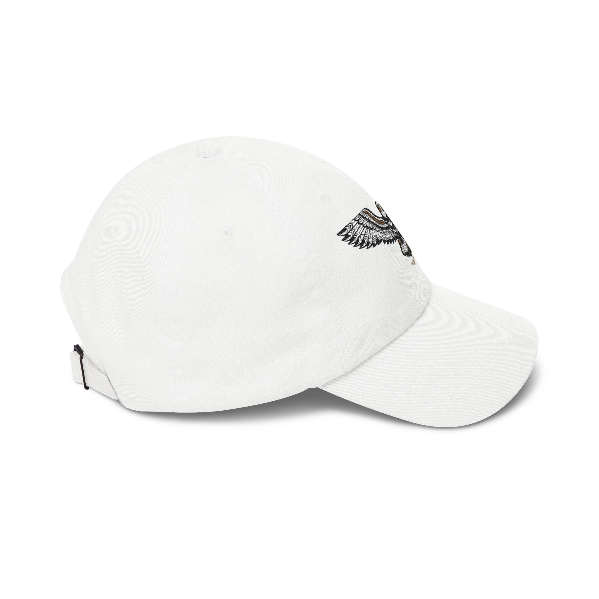 White dad baseball cap, side view with embroidered eagle and curved brim