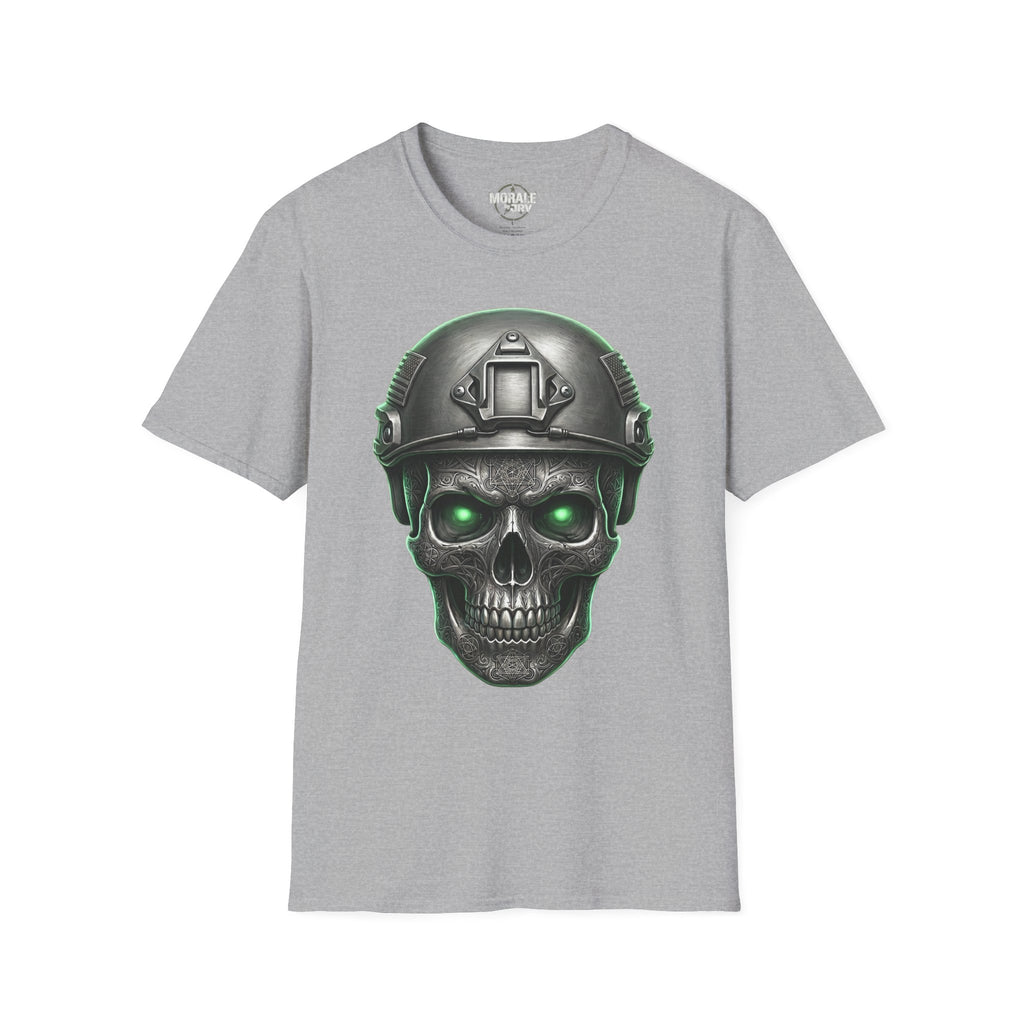 Tactical skull T-shirt con casco y ojos verdes, camiseta sport grey