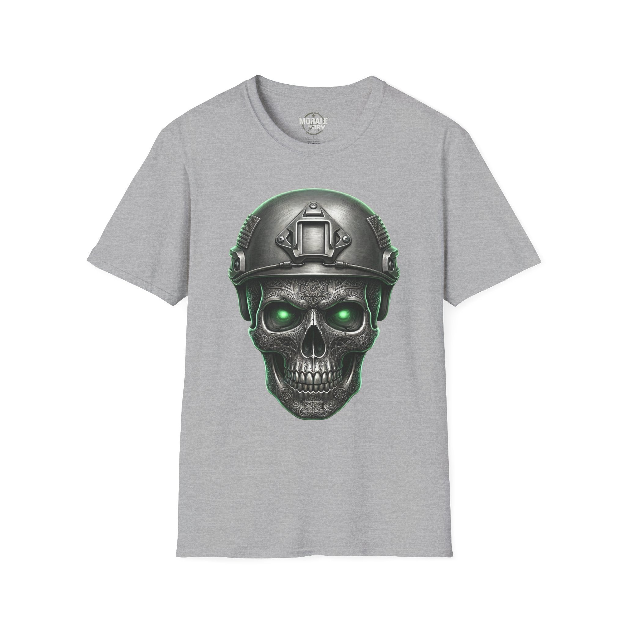Tactical skull T-shirt con casco y ojos verdes, camiseta sport grey