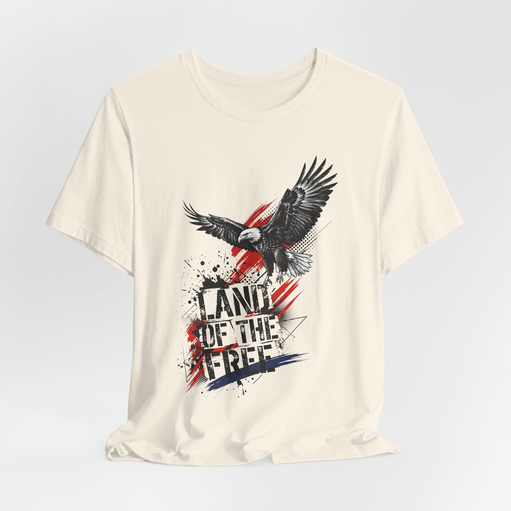 Cream crewneck T-shirt with eagle over distressed patriotic word graphic