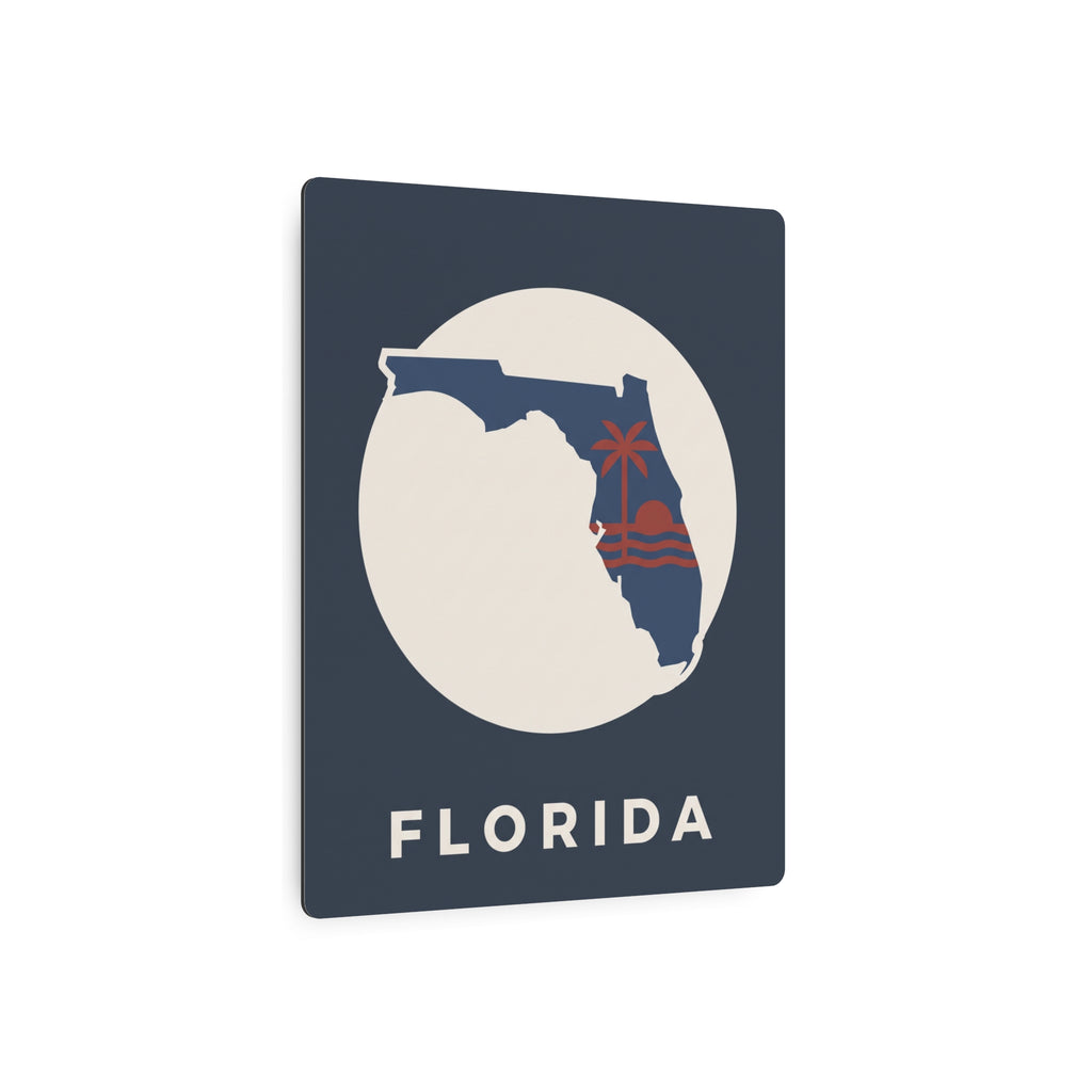 Blue metal art sign with Florida silhouette inside white circle and 'FLORIDA' word