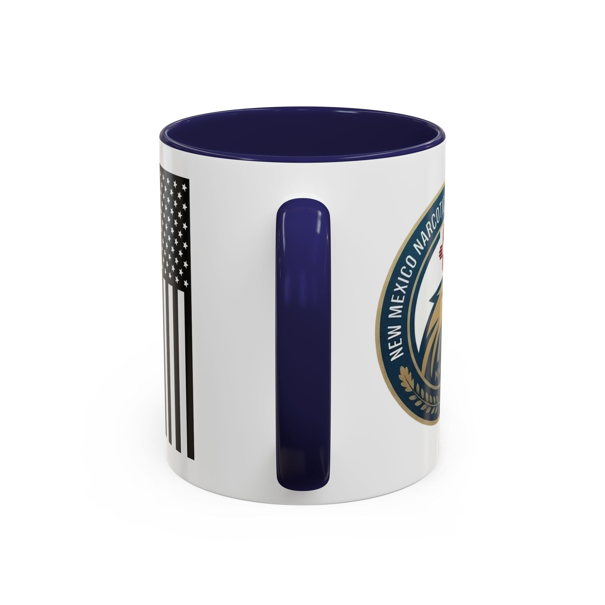White coffee mug with navy rim, showing vertical navy U-shaped graphic and side NMNOA emblem.