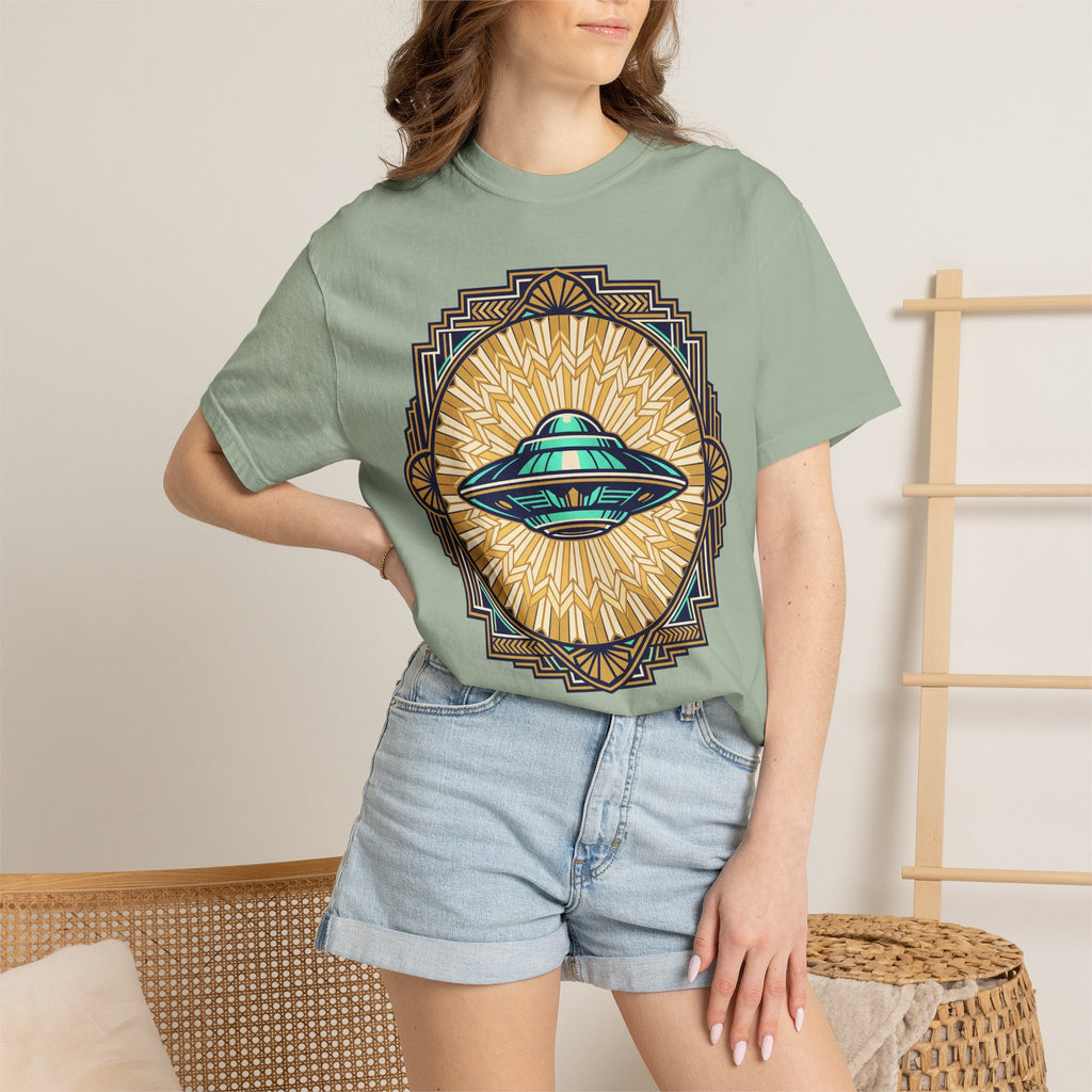 Seafoam green crew-neck t-shirt with retro UFO graphic and gold sunburst on front.
