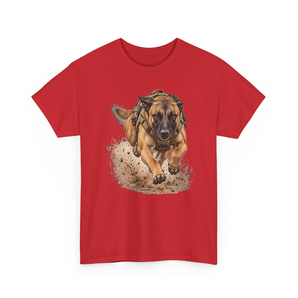 Red graphic dog t-shirt with running Belgian Malinois print on chest