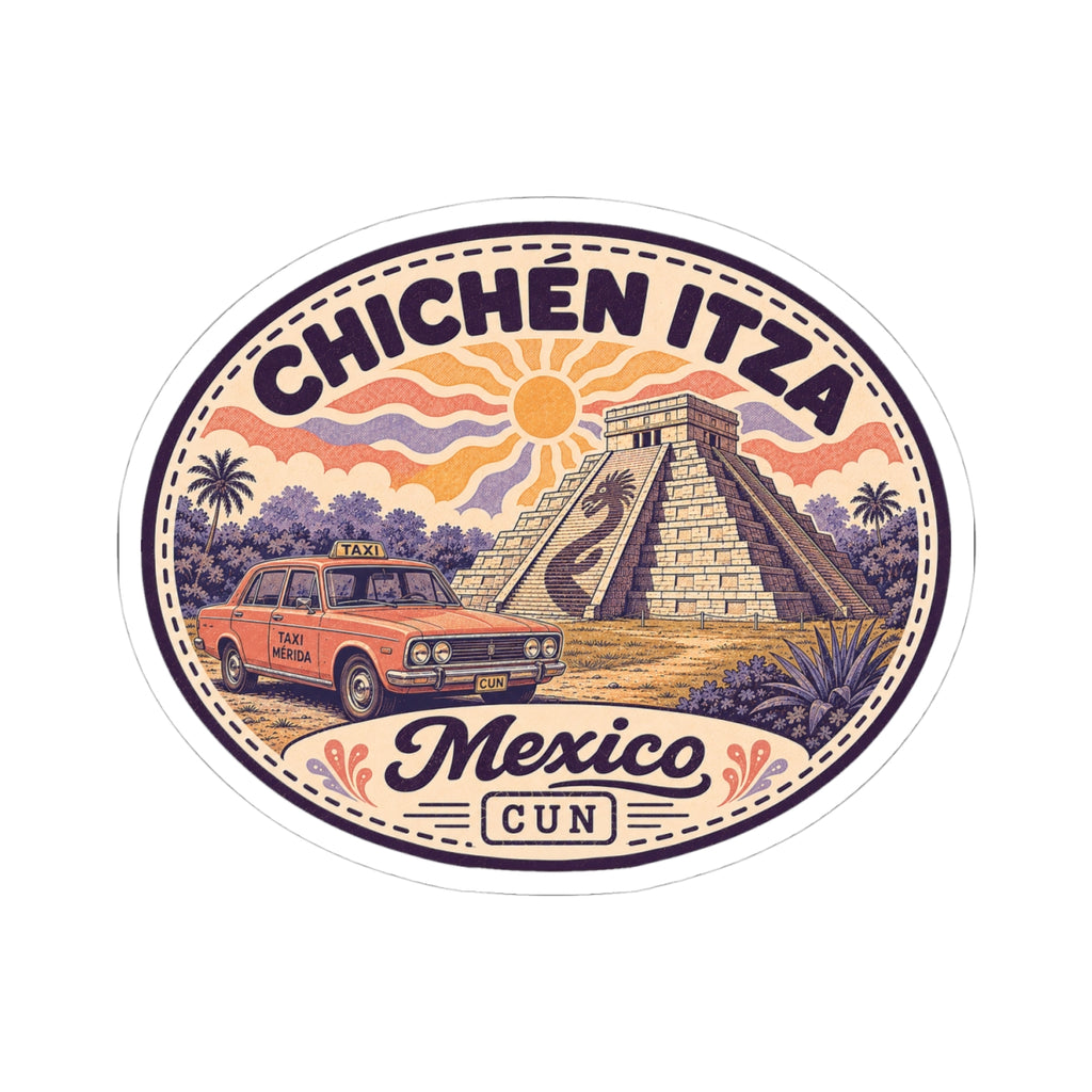 Round Chichen Itza sticker showing pyramid, taxi, palm scenery, and “Mexico CUN”.