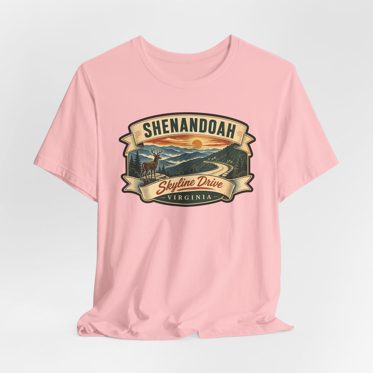 Light pink crew-neck t-shirt with front Shenandoah Skyline Drive badge graphic