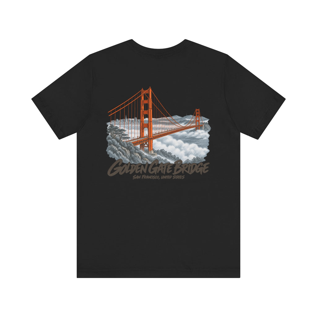 Black T-shirt with Golden Gate Bridge graphic print on the chest