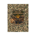 Camo microfiber blanket with round military patch, eagle graphic, and banner text