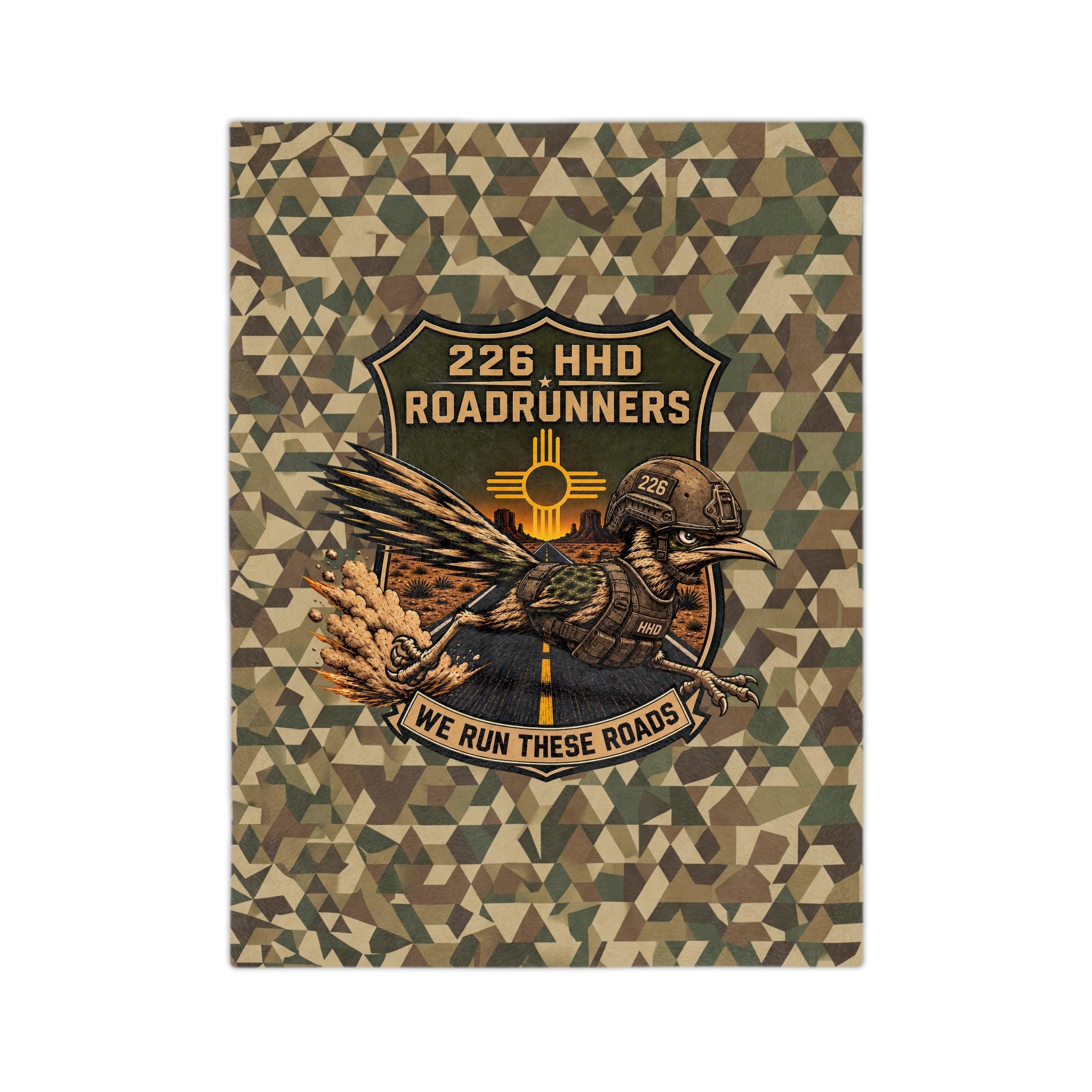 Camo microfiber blanket with round military patch, eagle graphic, and banner text