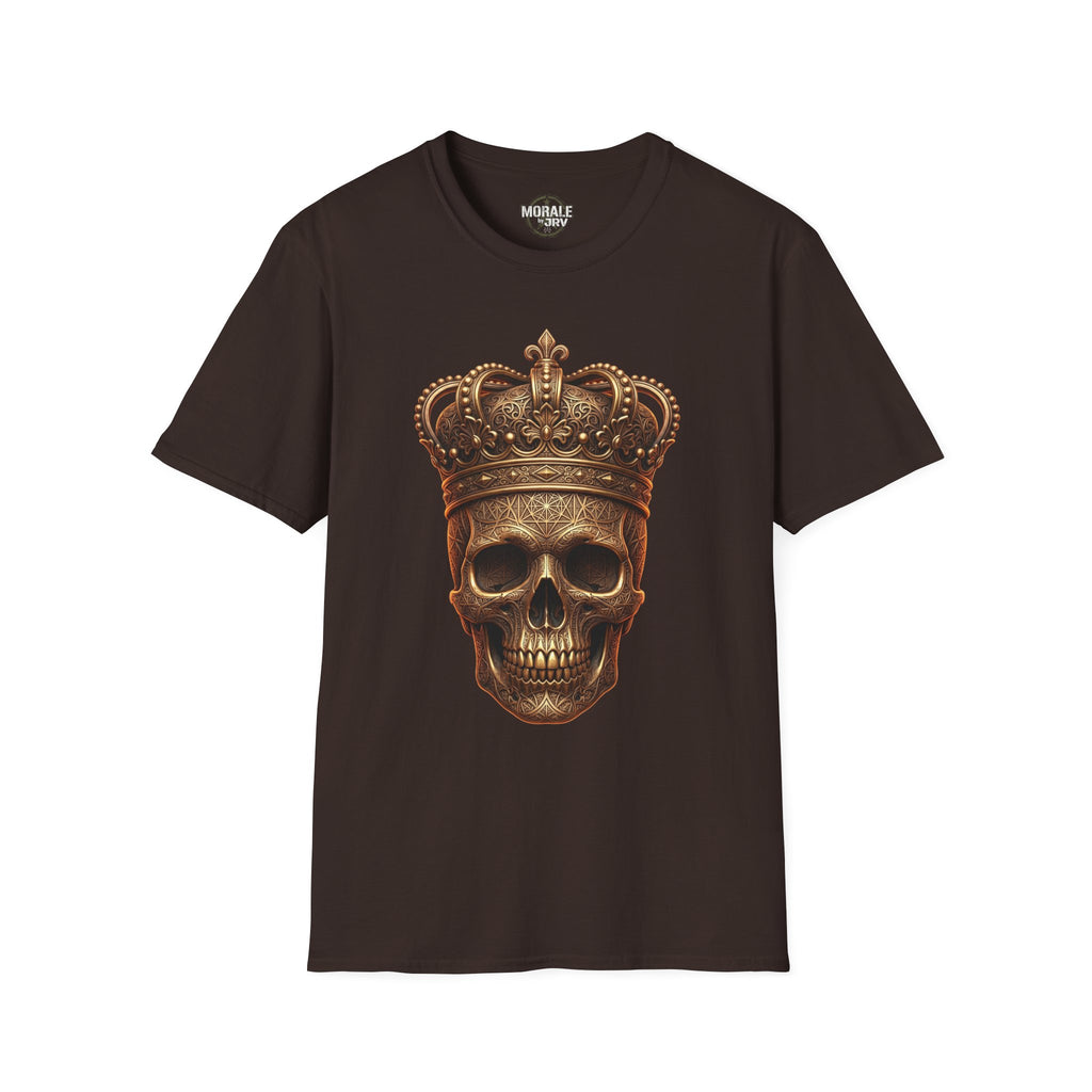 Dark chocolate crewneck graphic T-shirt with gold crown skull front