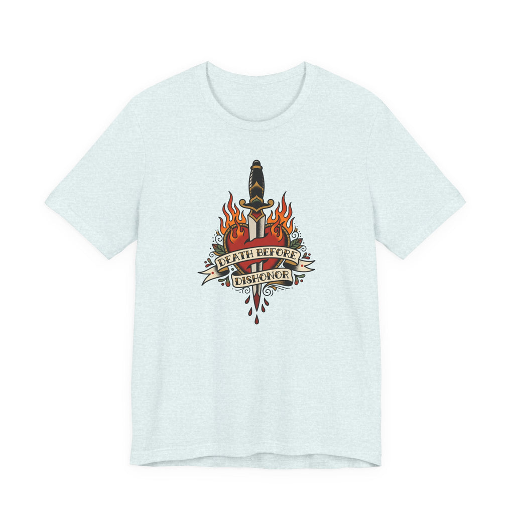 Pale light blue crewneck T-shirt with flame dagger graphic on front