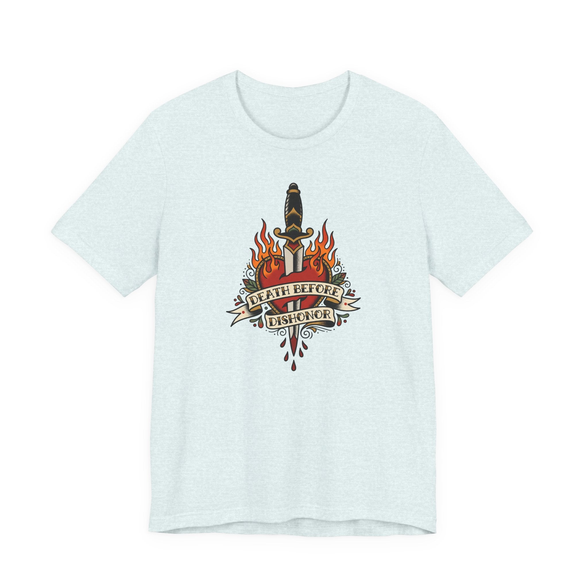 Pale light blue crewneck T-shirt with flame dagger graphic on front