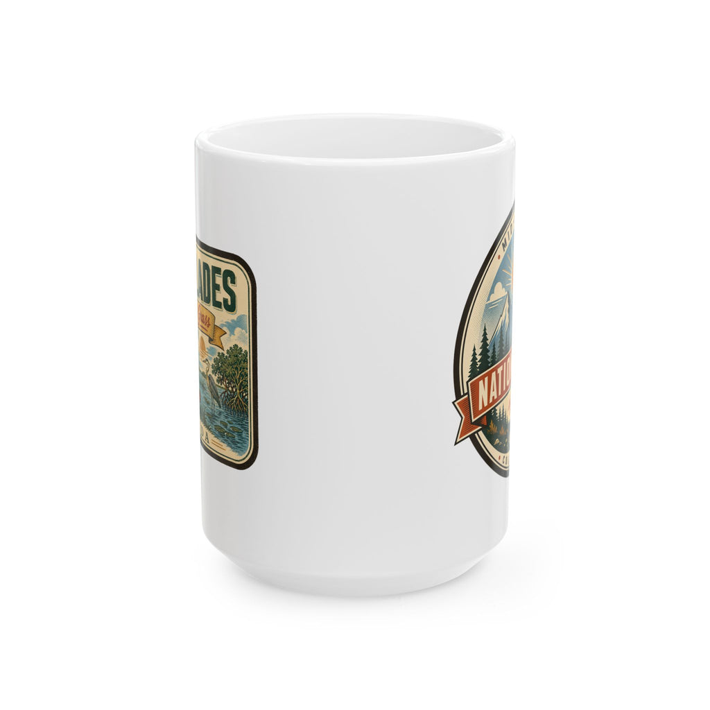 White ceramic mug with Everglades badge artwork on side