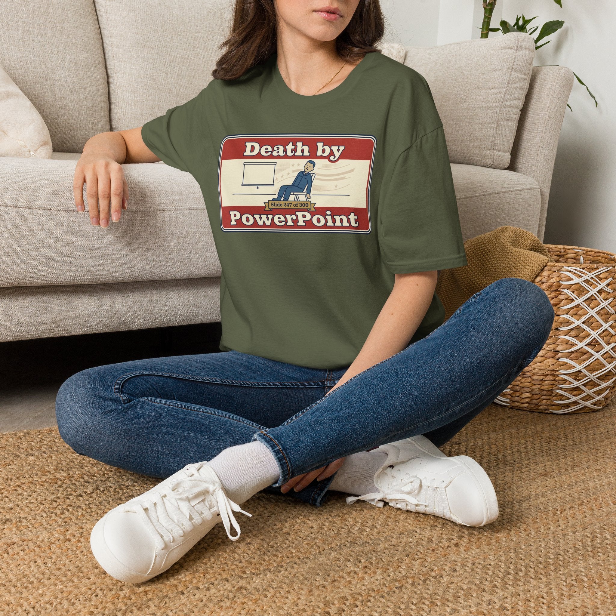 Olive green T-shirt with “Death by PowerPoint” graphic, crew neck