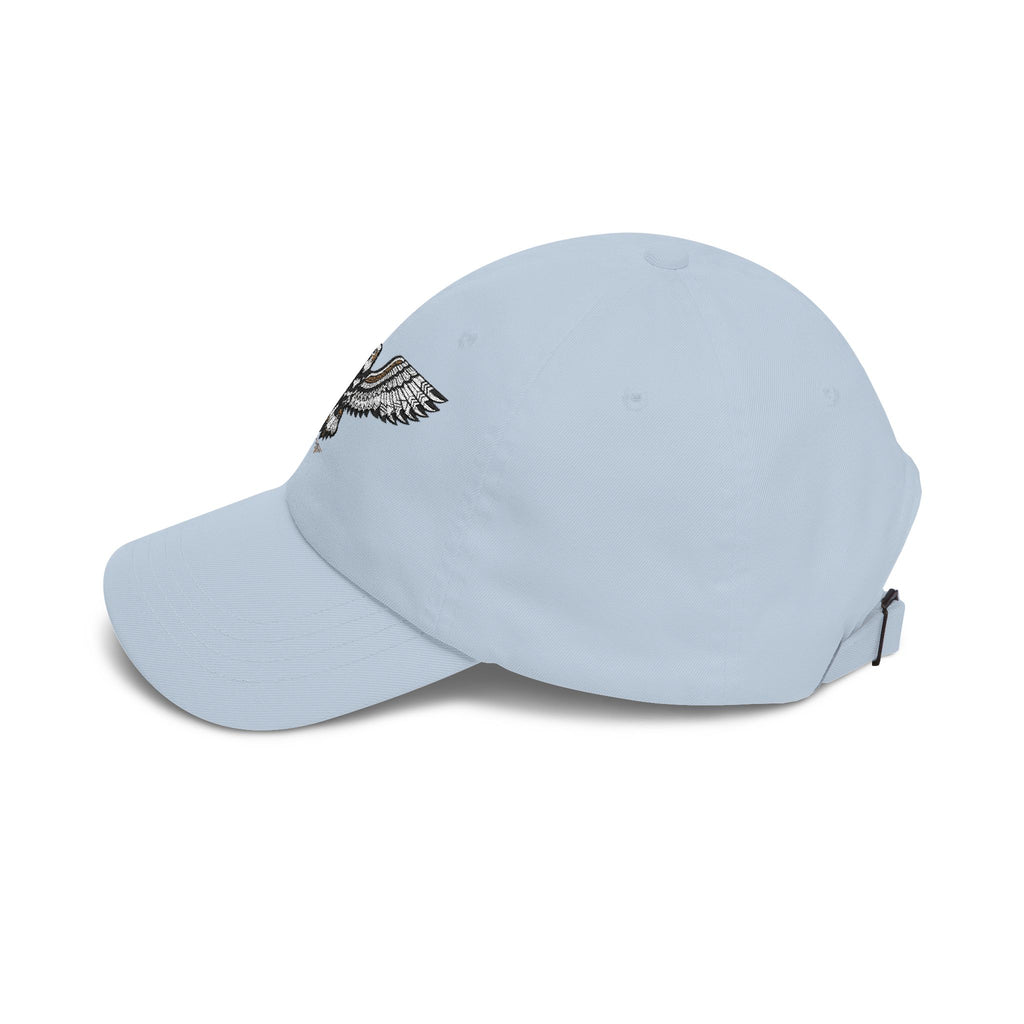 Light blue baseball cap with embroidered eagle patch on side and side strap