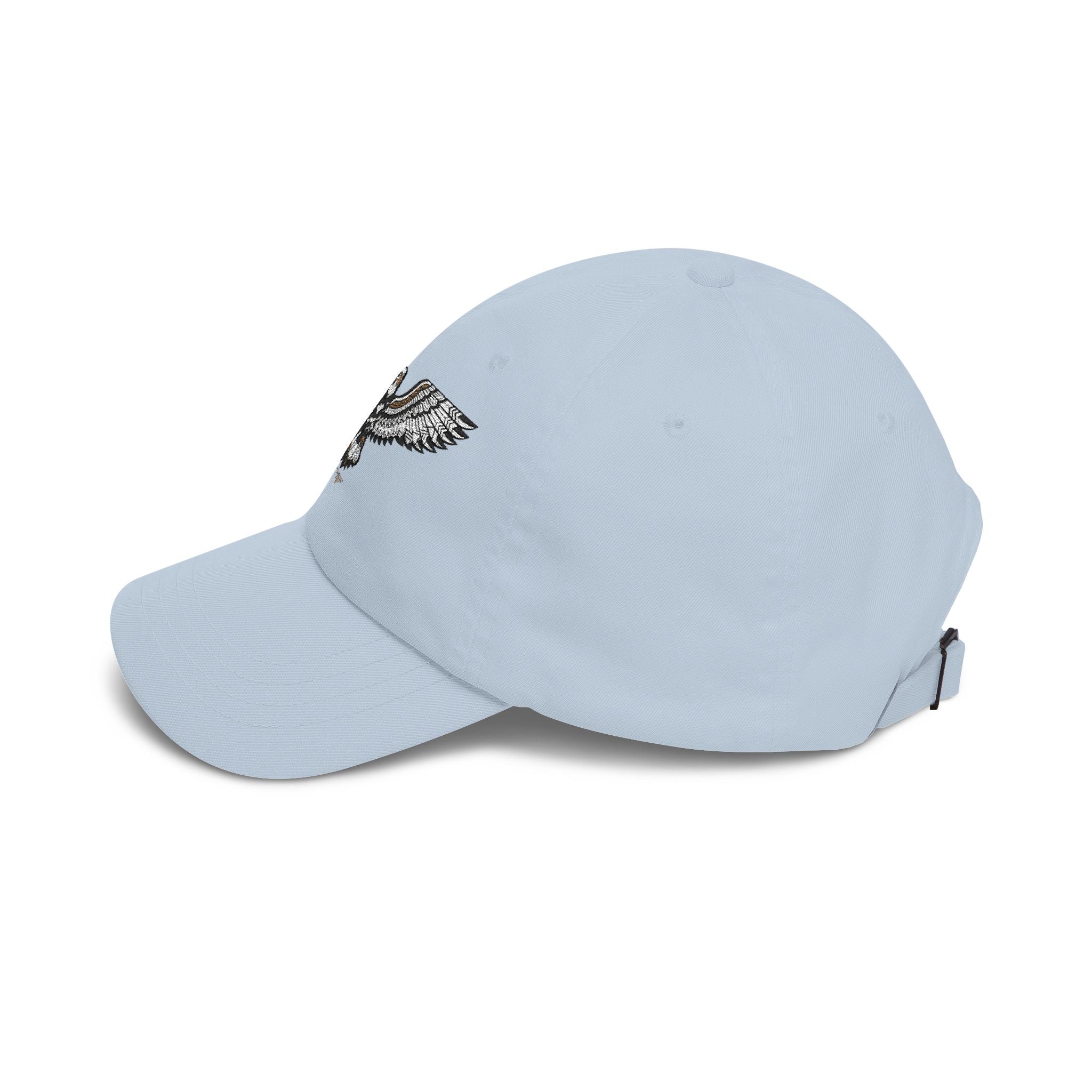 Light blue baseball cap with embroidered eagle patch on side and side strap