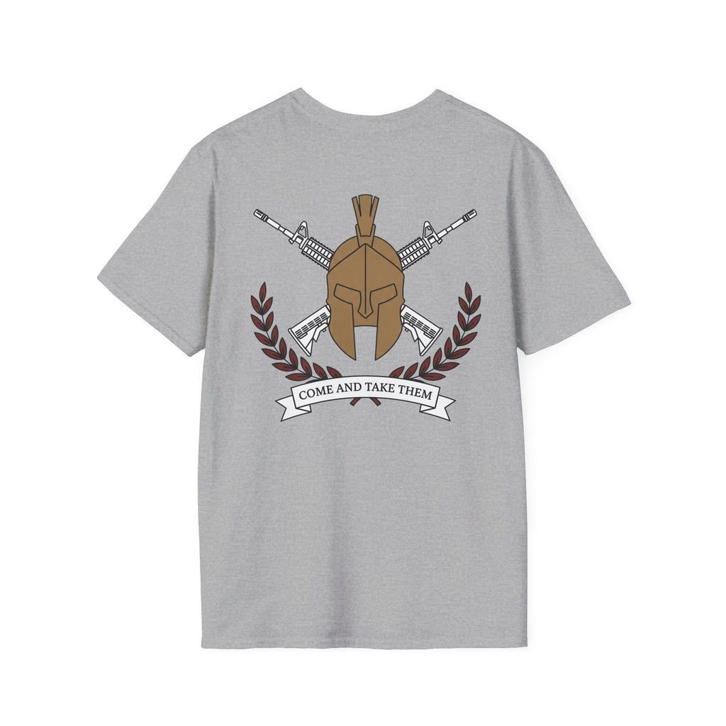 Heather gray crewneck T-shirt with Spartan helmet and crossed rifles wreath graphic