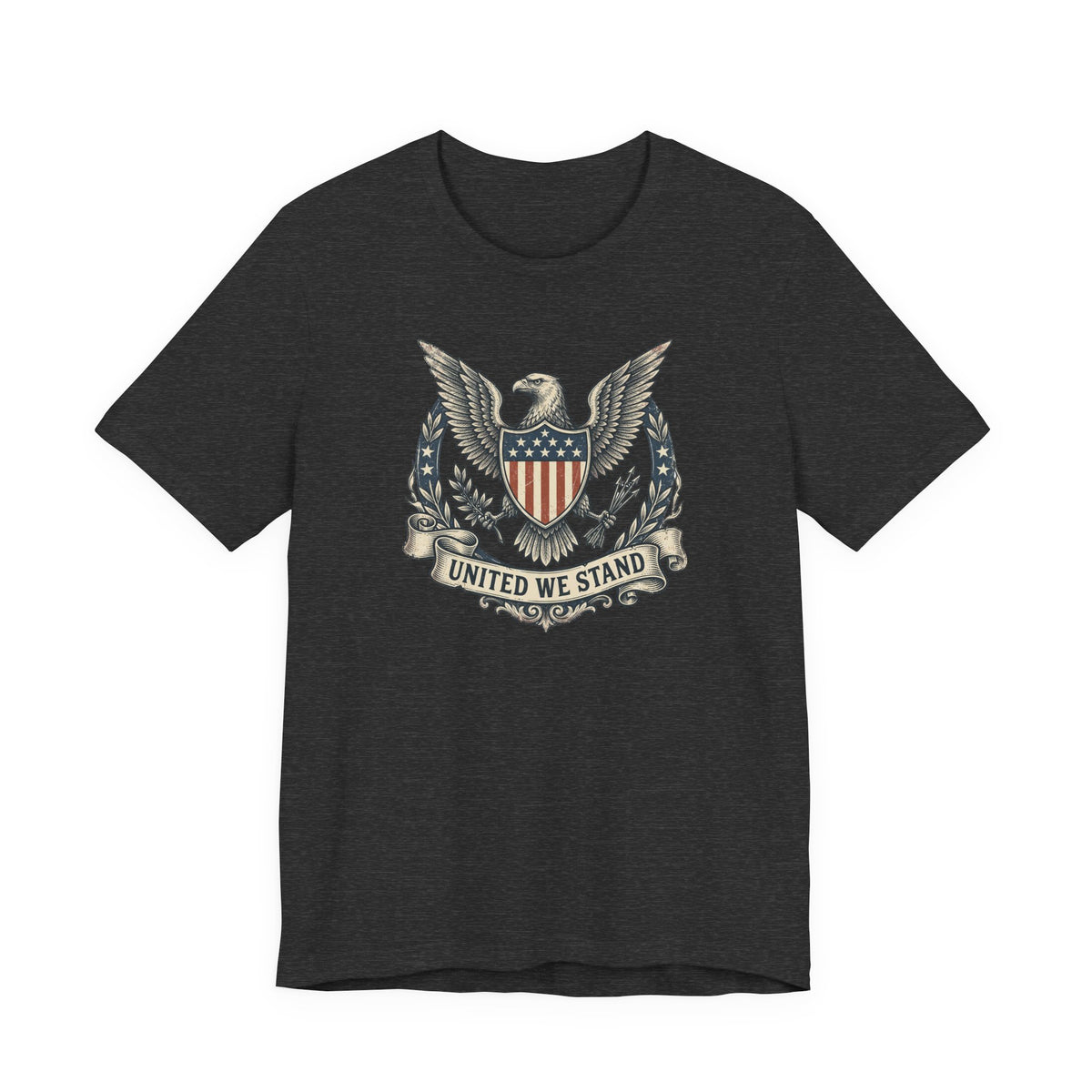 Men's dark charcoal graphic T-shirt with vintage-style eagle shield emblem at chest