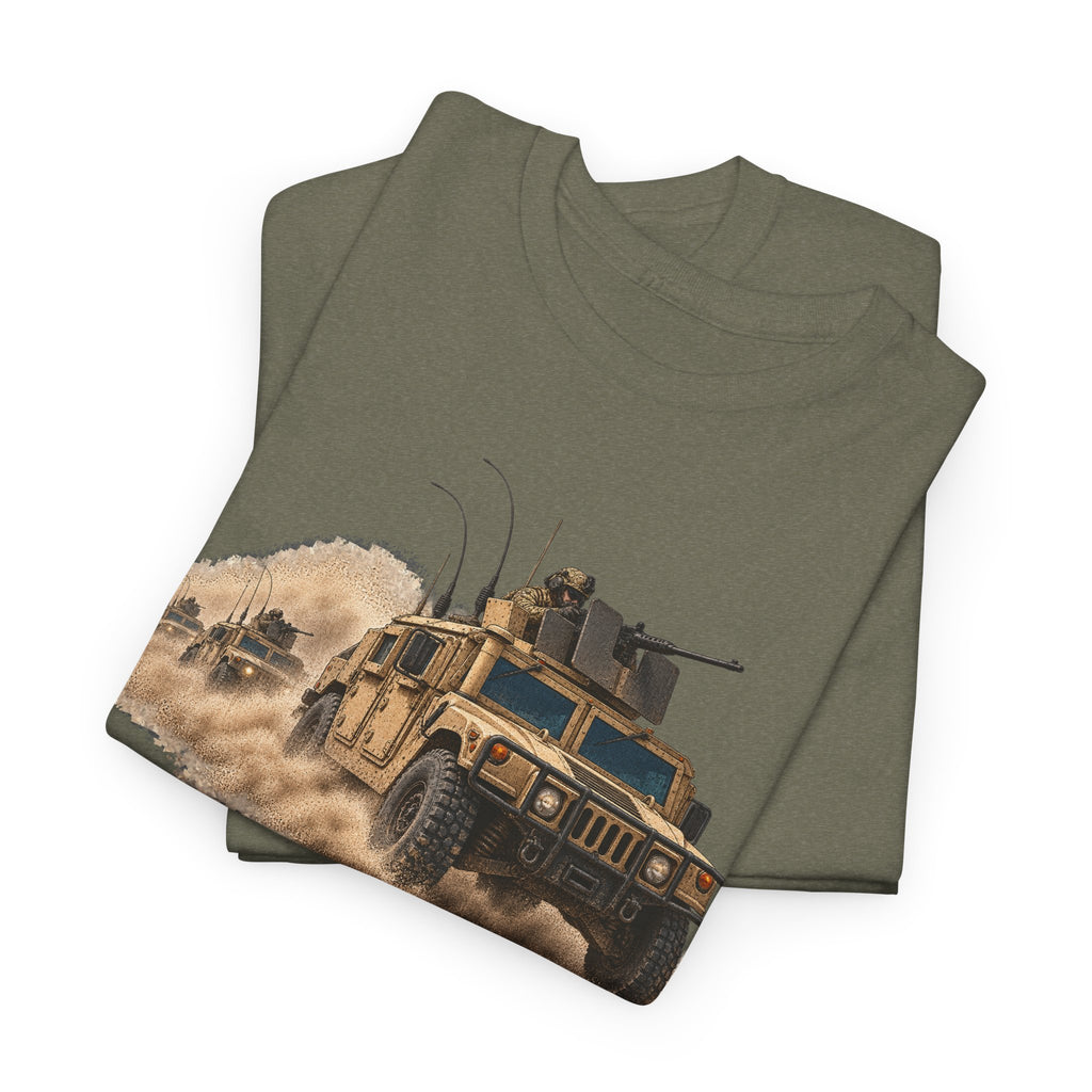 Olive green crewneck T-shirt with desert armored vehicle graphic on front