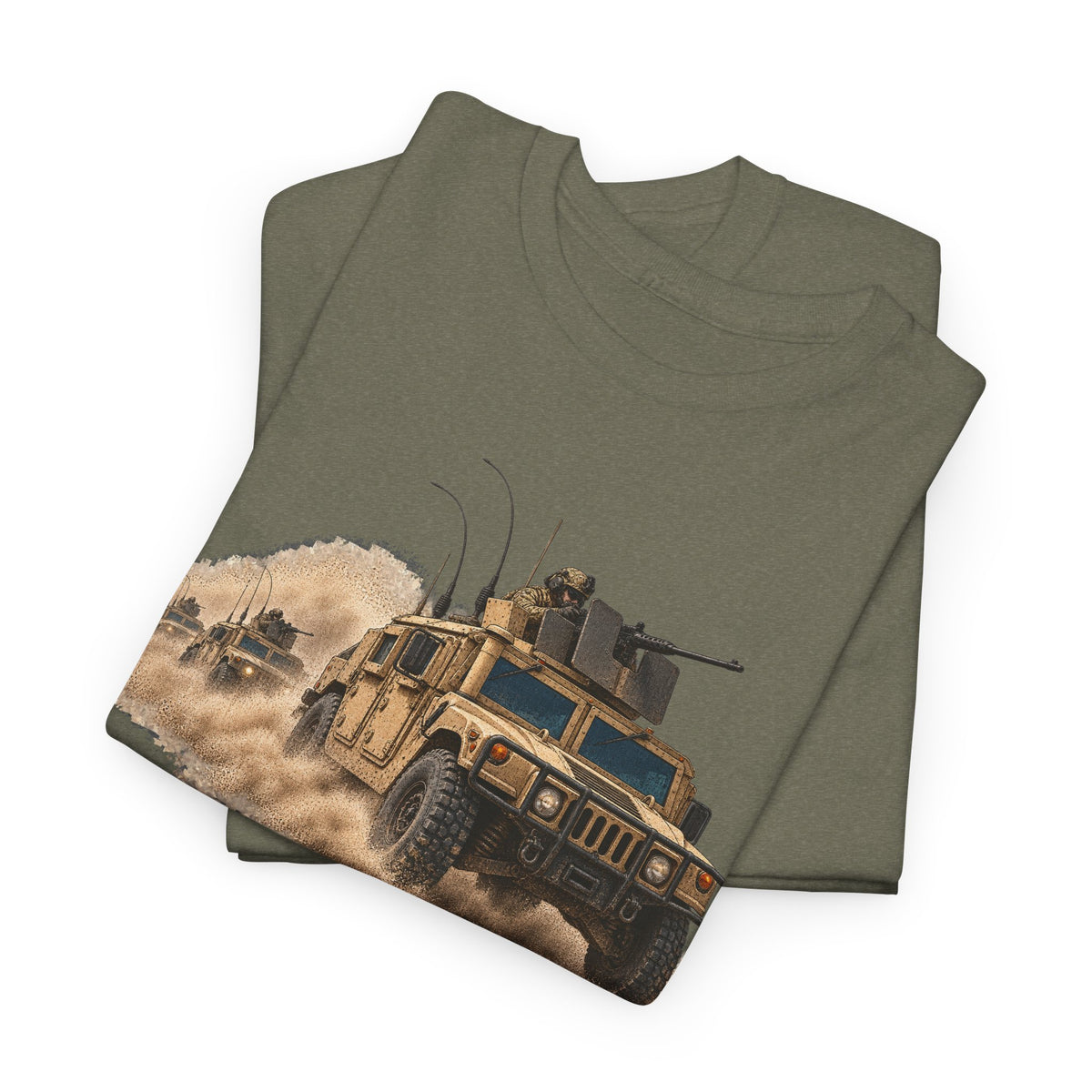 Olive green crewneck T-shirt with desert armored vehicle graphic on front