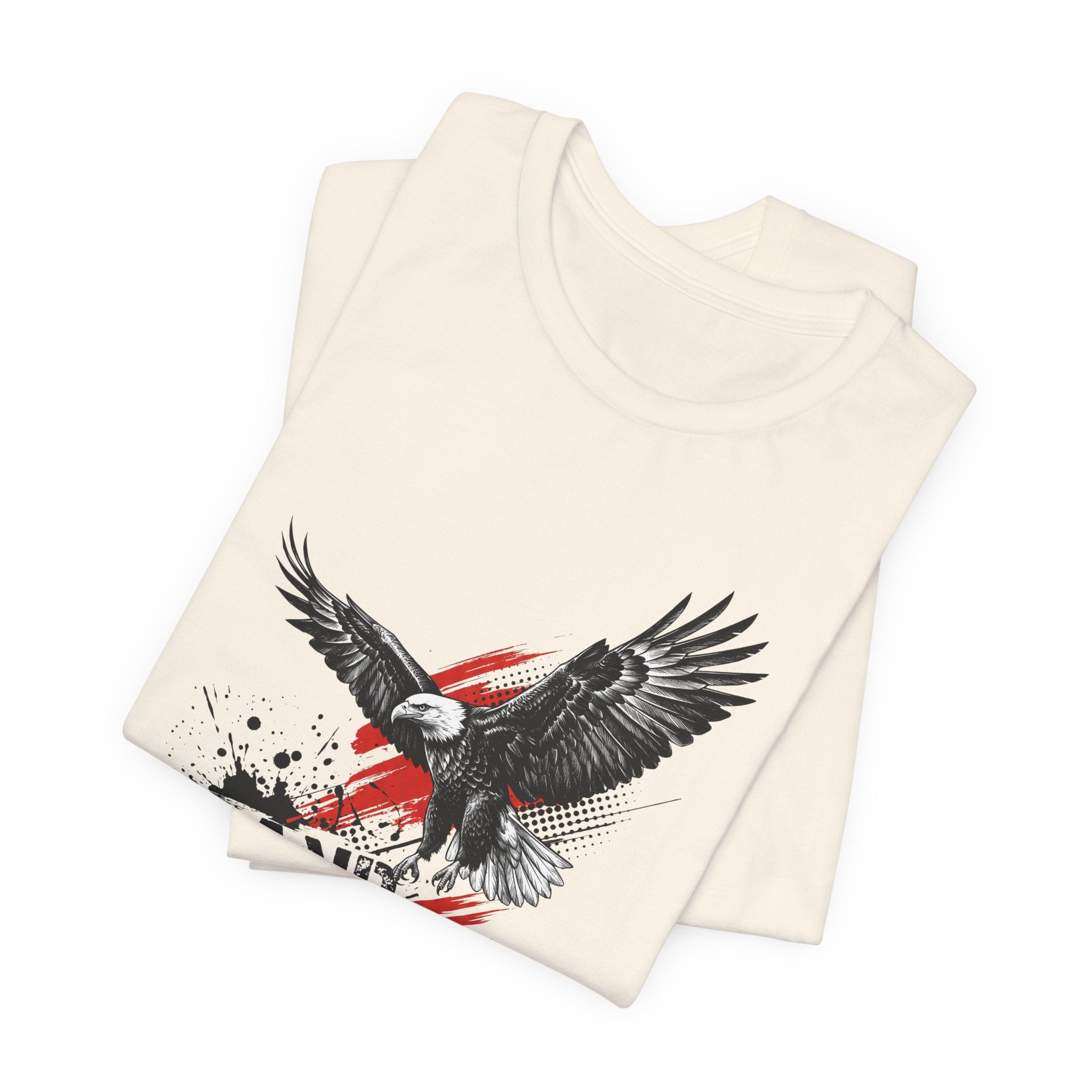 Cream crewneck T-shirt with black eagle and red/blue distressed splatter