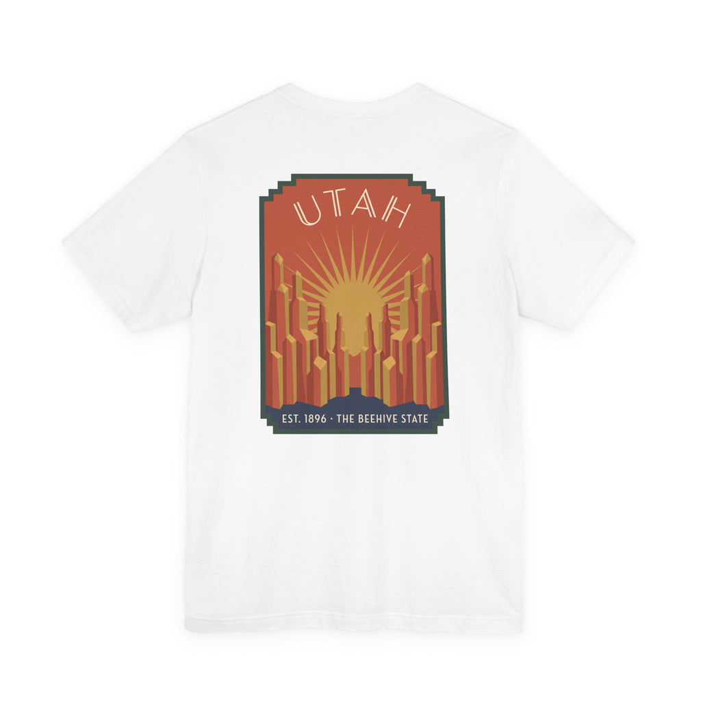 White T-shirt with Utah sunrise art deco square graphic, UTAH text and skyline