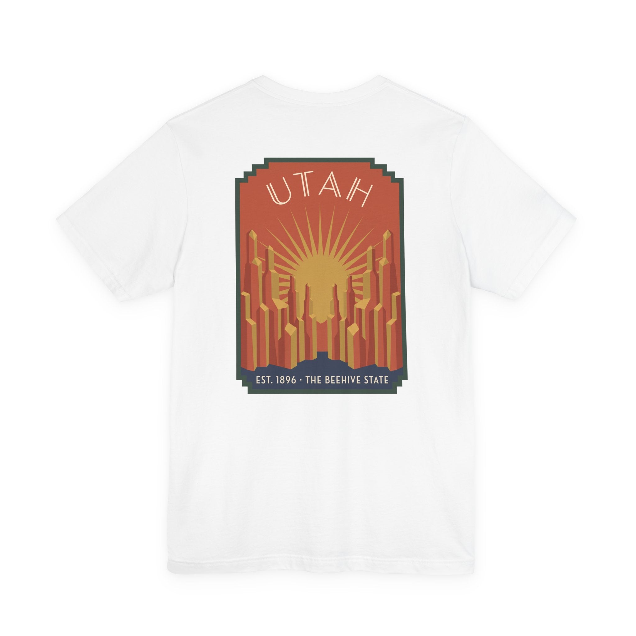 White T-shirt with Utah sunrise art deco square graphic, UTAH text and skyline