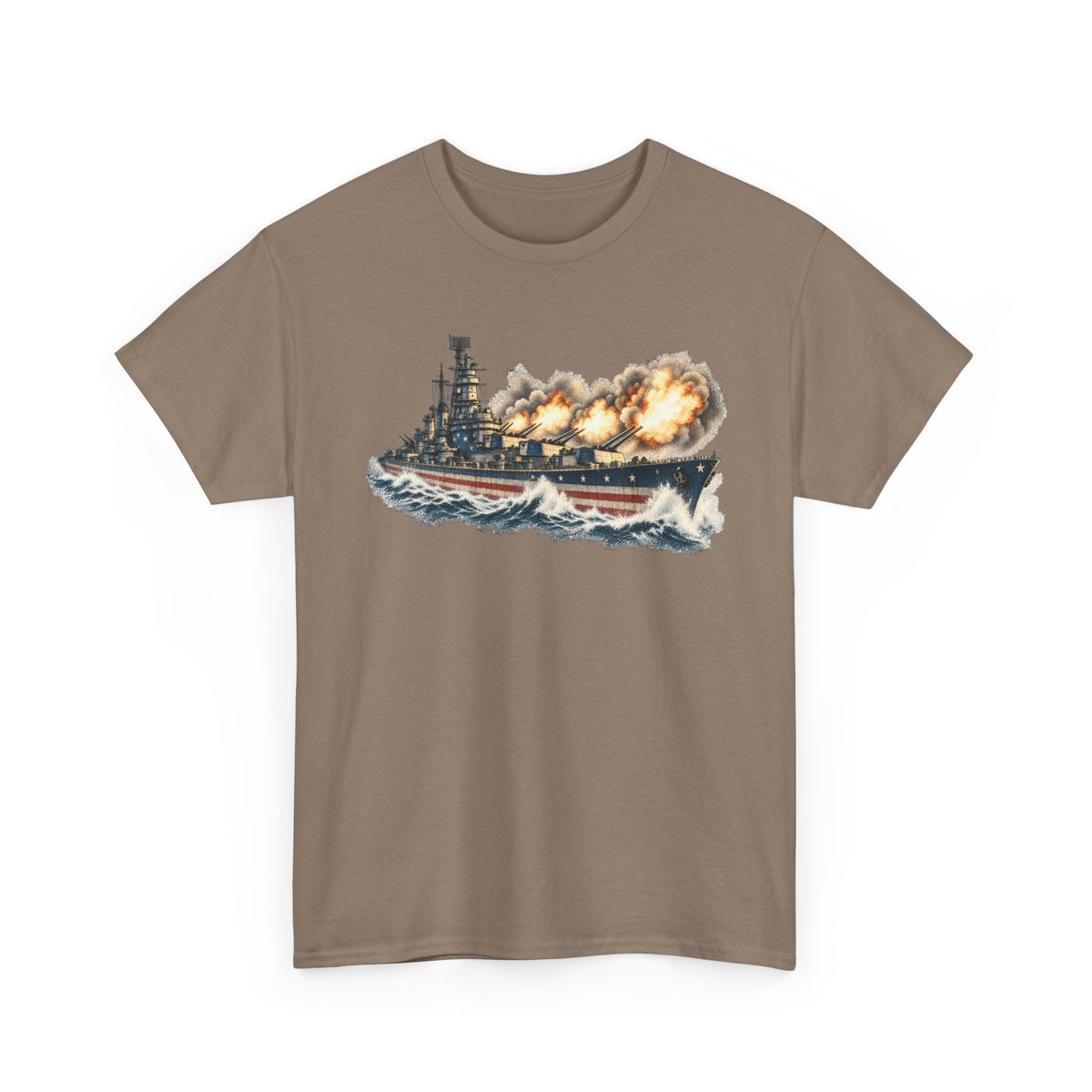 Tan crew-neck T-shirt with battleship firing broadside graphic on the front