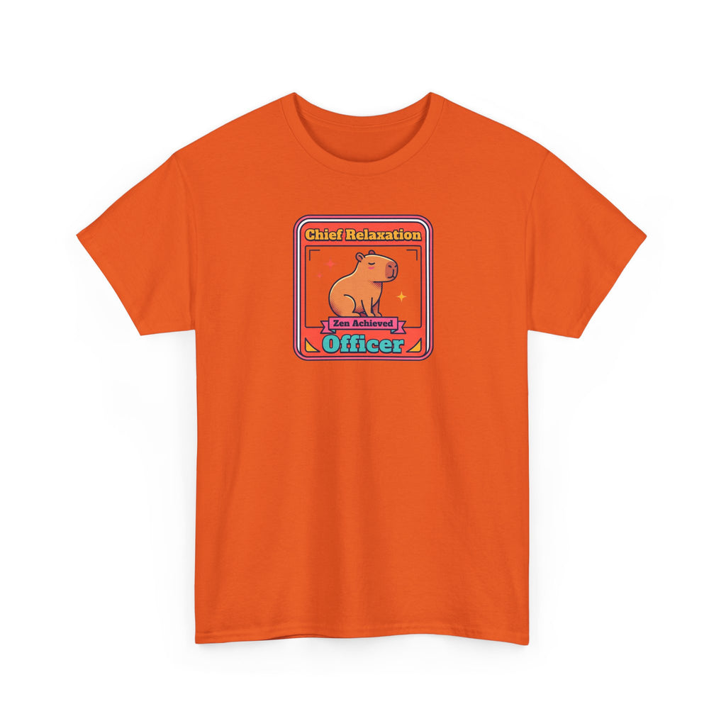 Orange T-shirt with capybara meditation graphic and 'Officer' text.