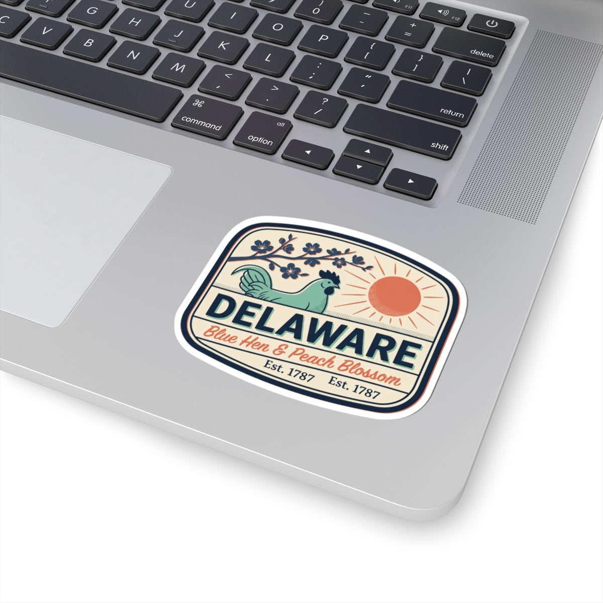 Delaware state badge vinyl sticker on laptop, with blue hen, peach blossom, Est. 1787