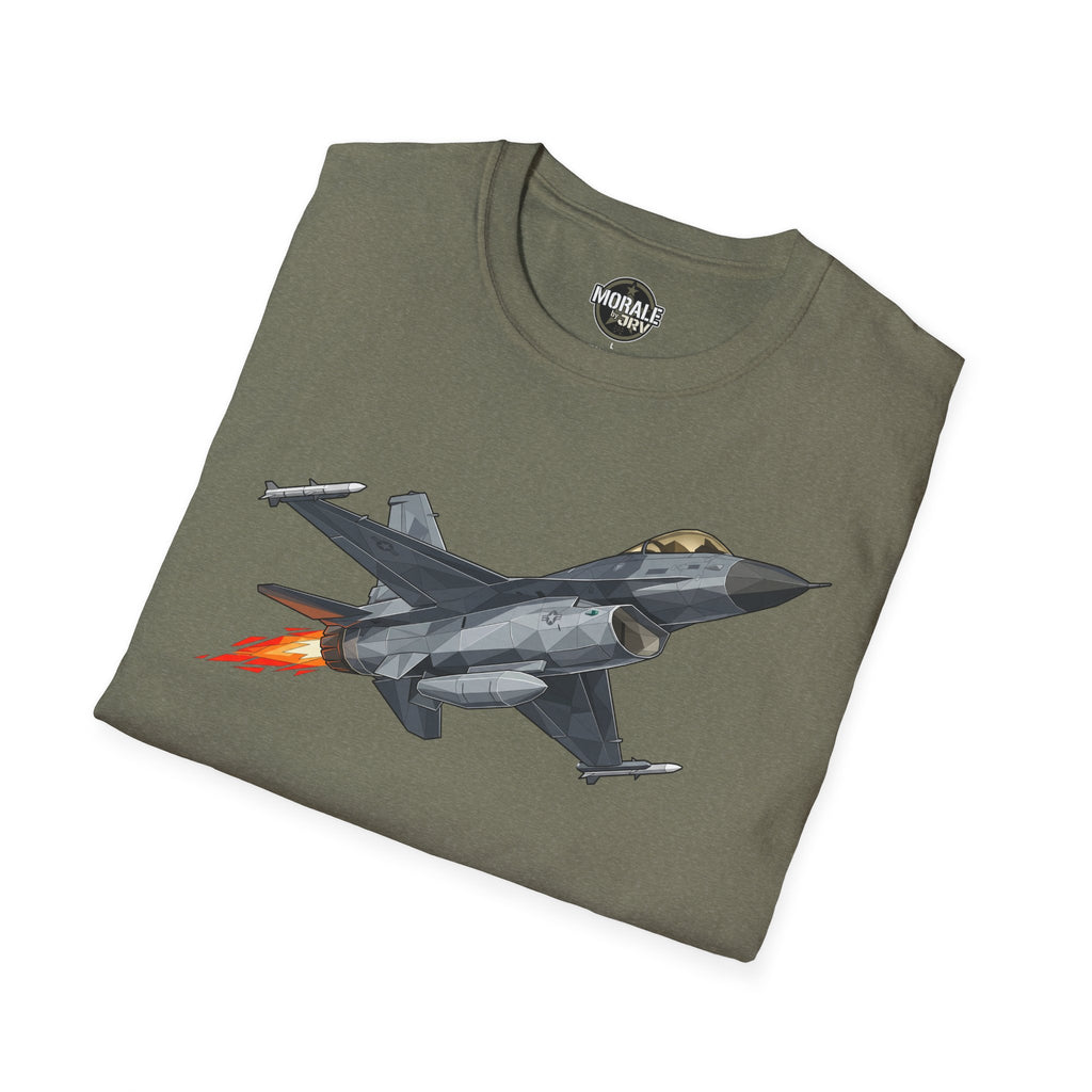 Heather Military Green F-16 fighter jet T-shirt with gray jet graphic and orange flames