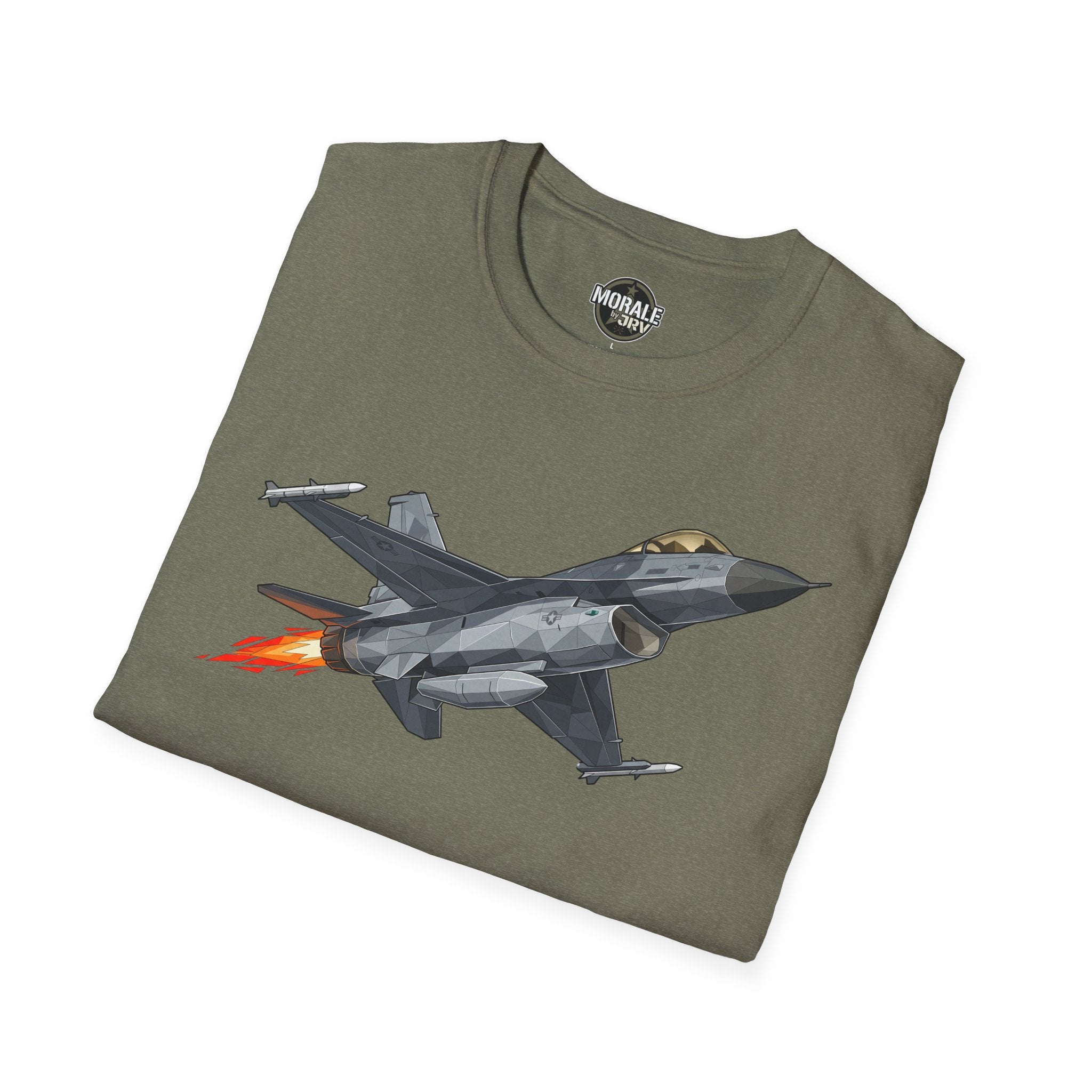 Heather Military Green F-16 fighter jet T-shirt with gray jet graphic and orange flames