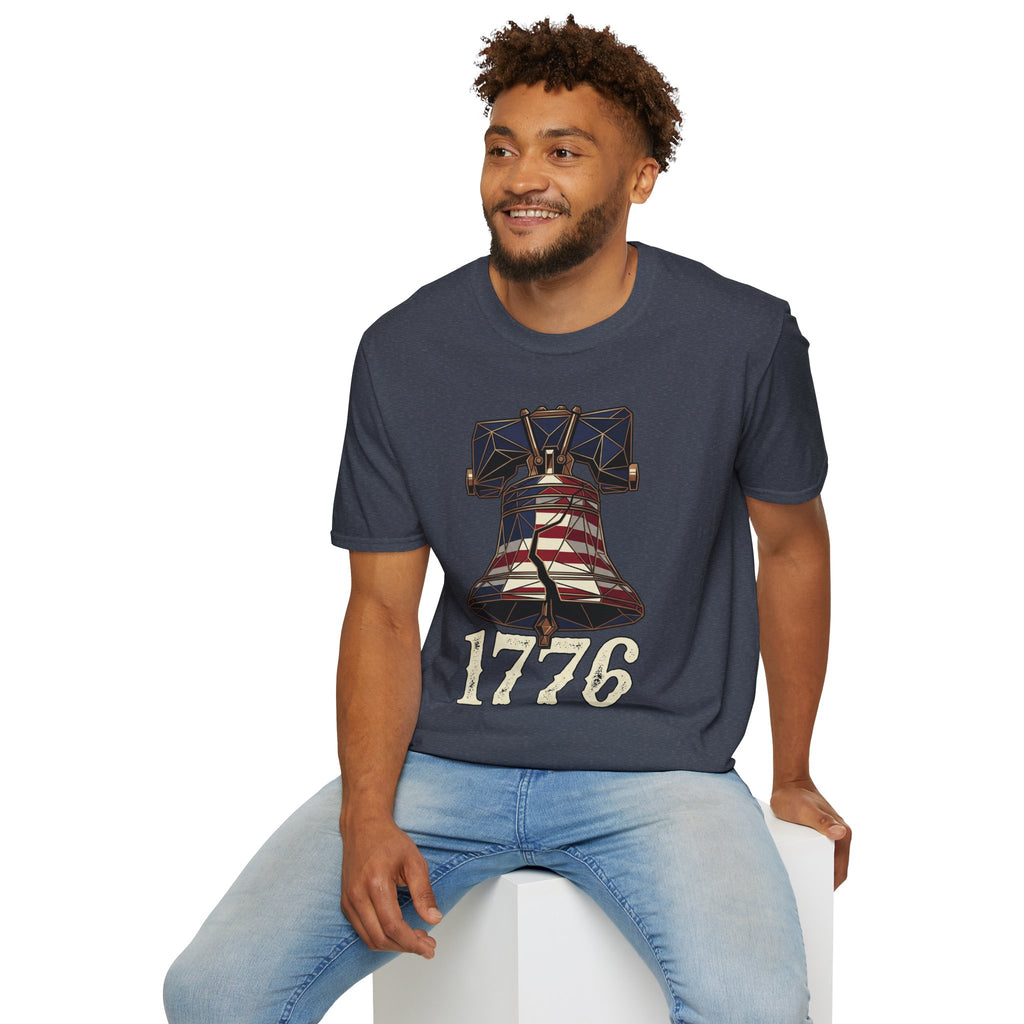 Dark heather blue Liberty Bell 1776 T-shirt with bell and “1776” front graphic