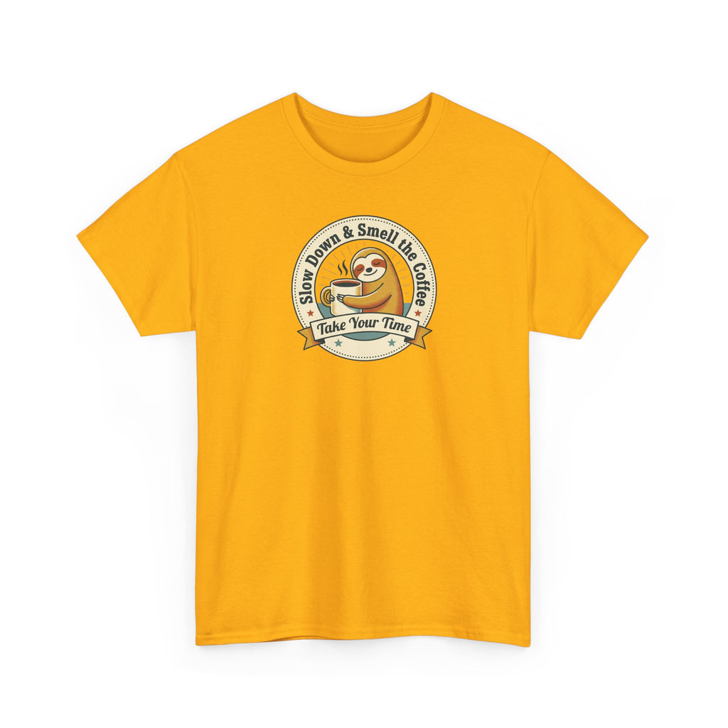 Orange graphic T-shirt with sloth coffee emblem on chest