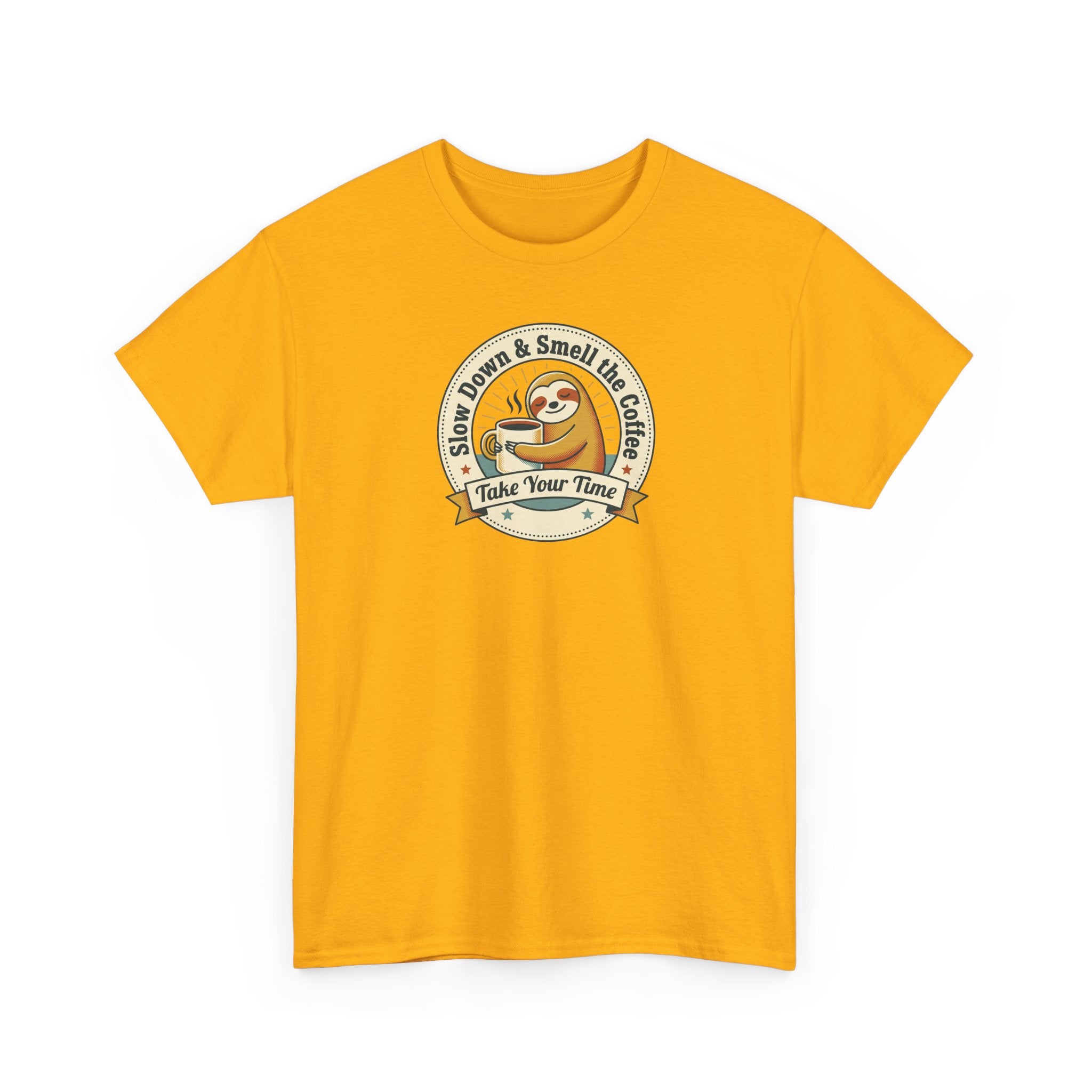 Orange graphic T-shirt with sloth coffee emblem on chest