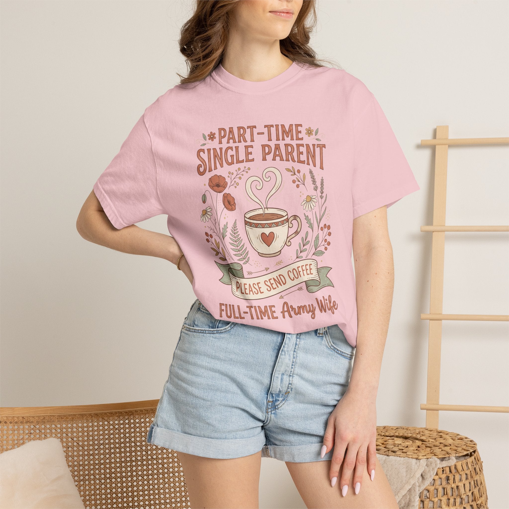 Lavender graphic T-shirt on model with “Part-Time Single Parent” coffee design