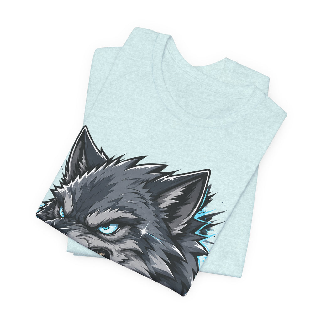 Light aqua heather t-shirt with snarling wolf head graphic