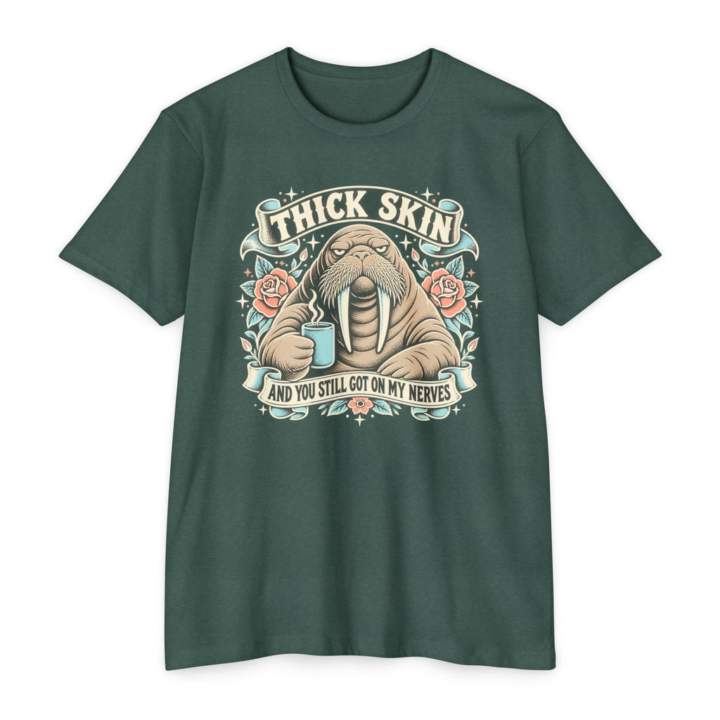Walrus graphic t-shirt in teal green with front chest logo and ribbon lettering