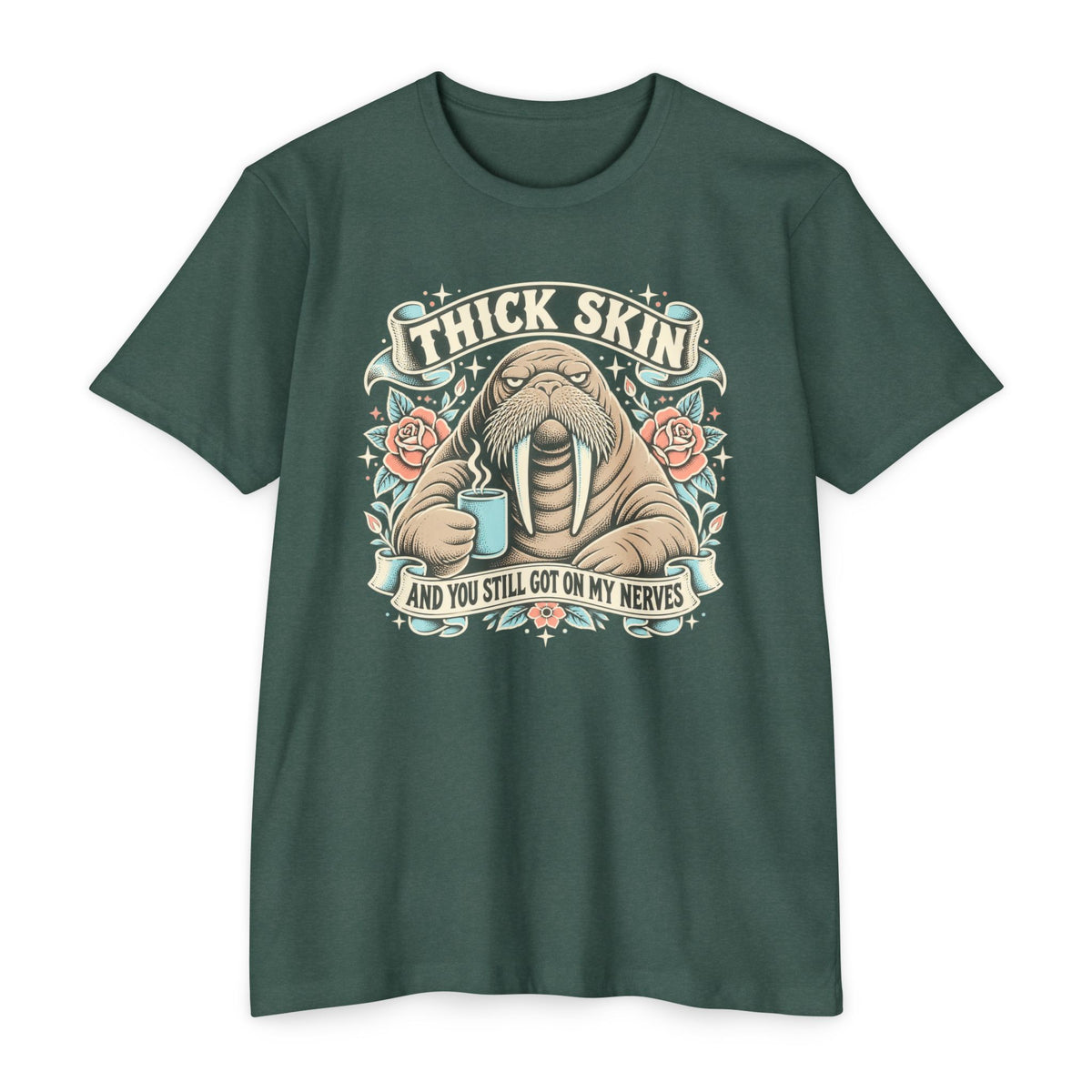 Walrus graphic t-shirt in teal green with front chest logo and ribbon lettering