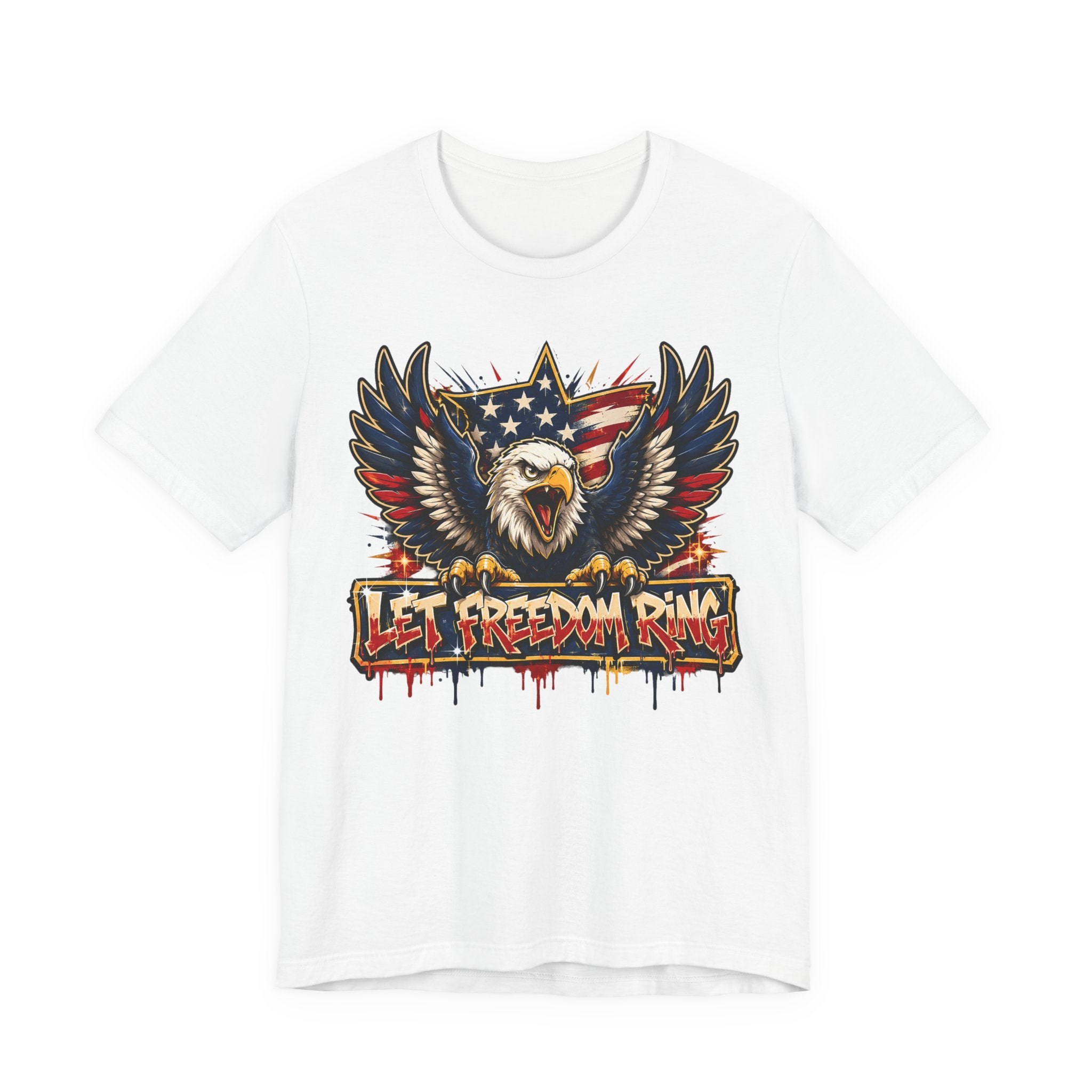 White t-shirt with bald eagle wings graphic and “Let Freedom Ring” text