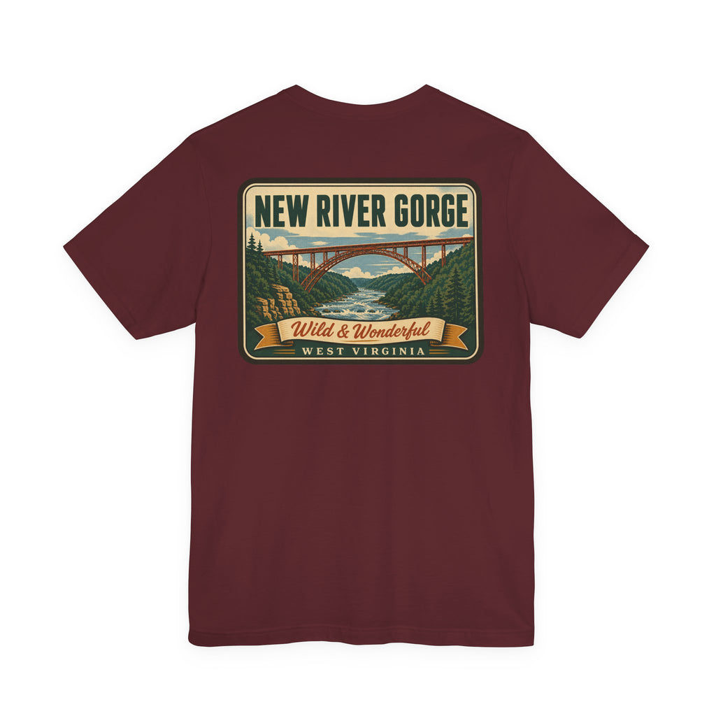 Maroon T-shirt with large New River Gorge bridge landscape back print