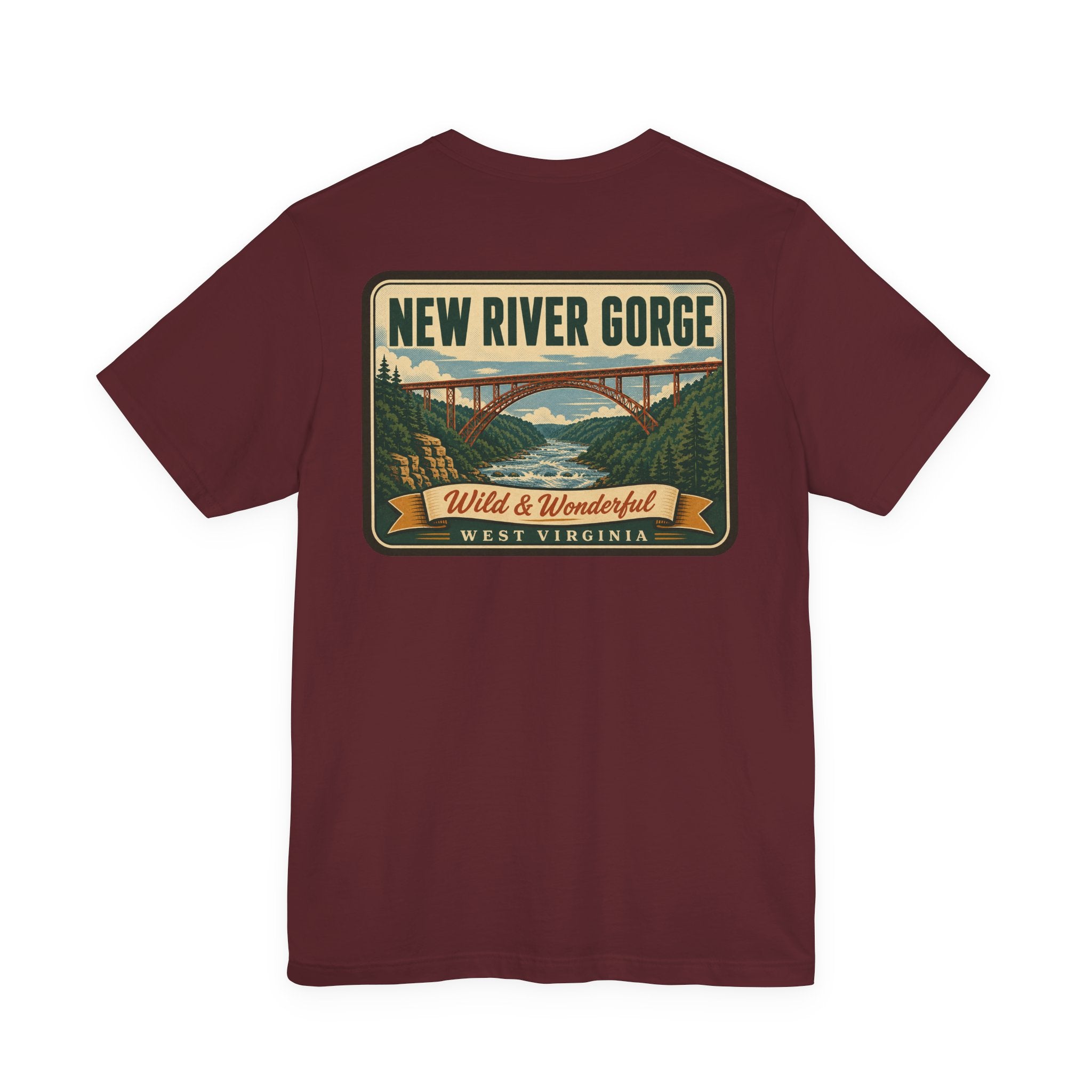 Maroon T-shirt with large New River Gorge bridge landscape back print