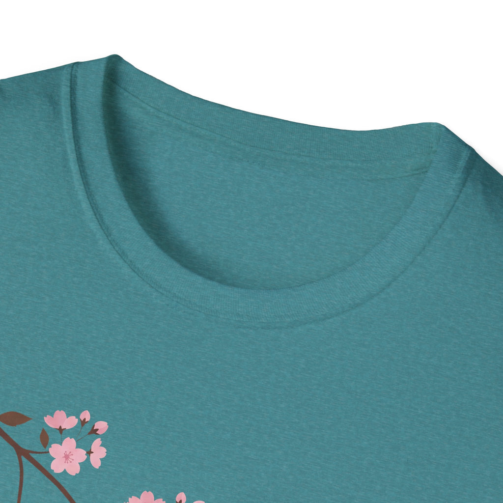 Teal T-shirt neckline with partial pink cherry blossom branch graphic