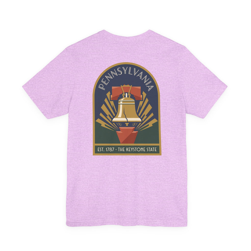 Lavender T-shirt with large Art Deco-style Pennsylvania Liberty Bell graphic on front.