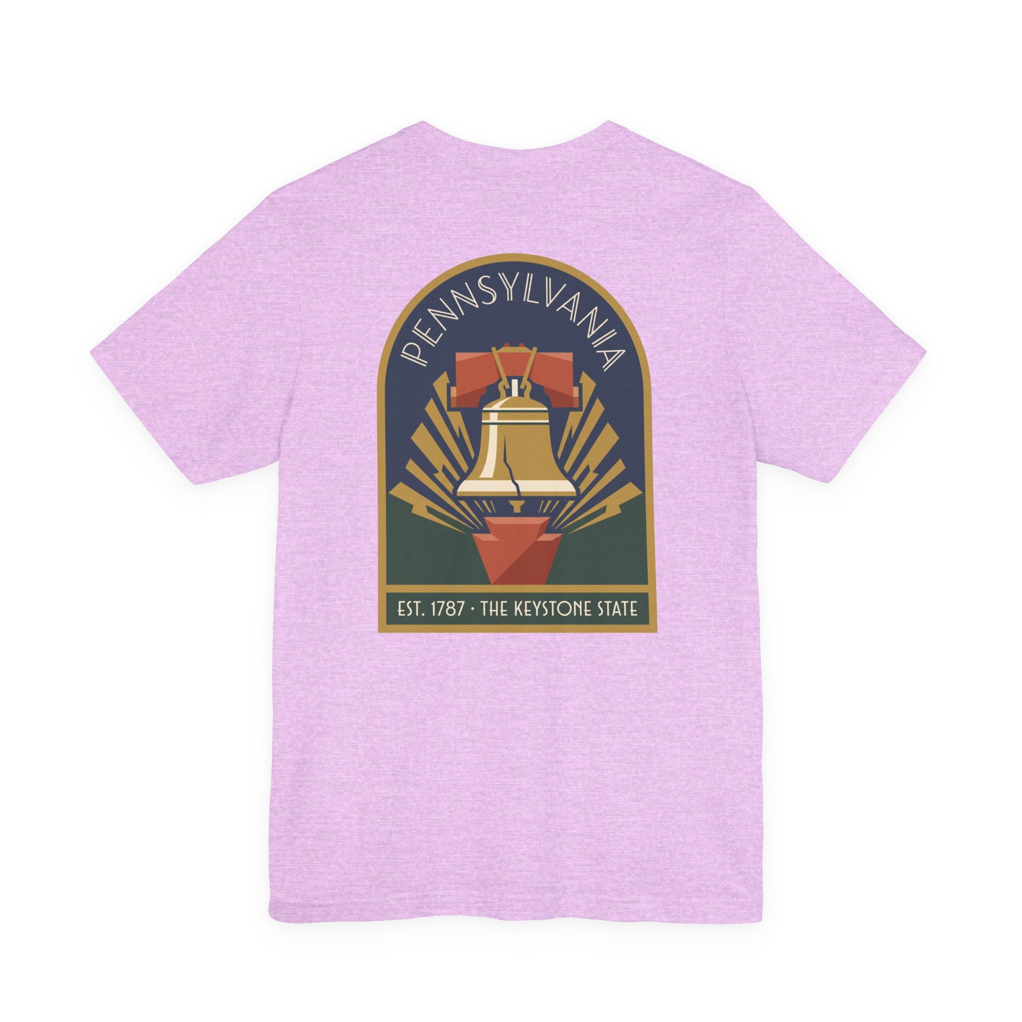 Lavender T-shirt with large Art Deco-style Pennsylvania Liberty Bell graphic on front.