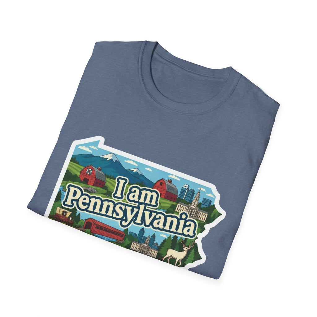 Pennsylvania T-Shirt (Heather Indigo) mit „I am Pennsylvania“-Kartenmotiv vorne