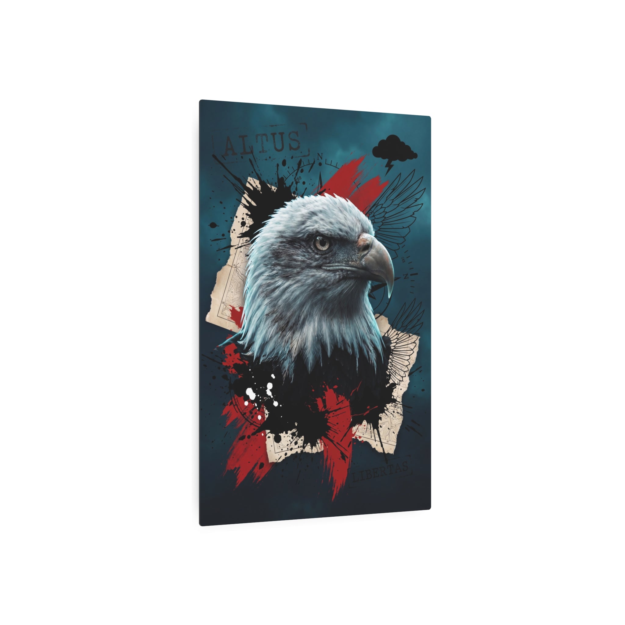 Adler-Wandposter im großen Format, Trash-Polka Design mit Flügeln in Schwarz/Rot/Teal