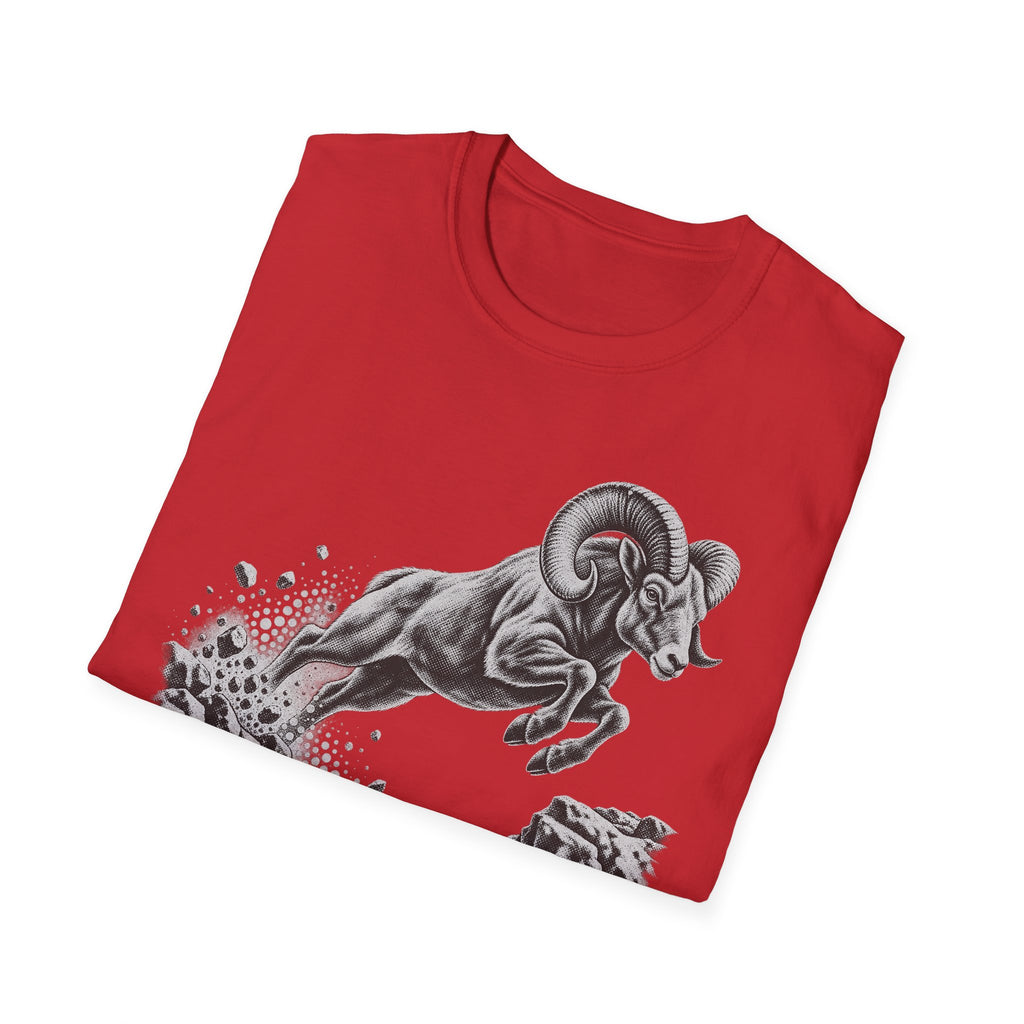 Red crewneck t-shirt featuring grayscale bighorn sheep graphic with splash design