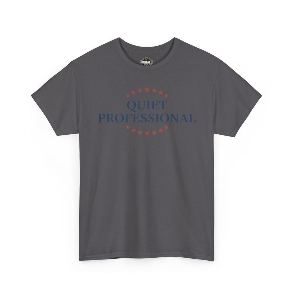 Charcoal crewneck T-shirt with star ring 'QUIET PROFESSIONAL' print