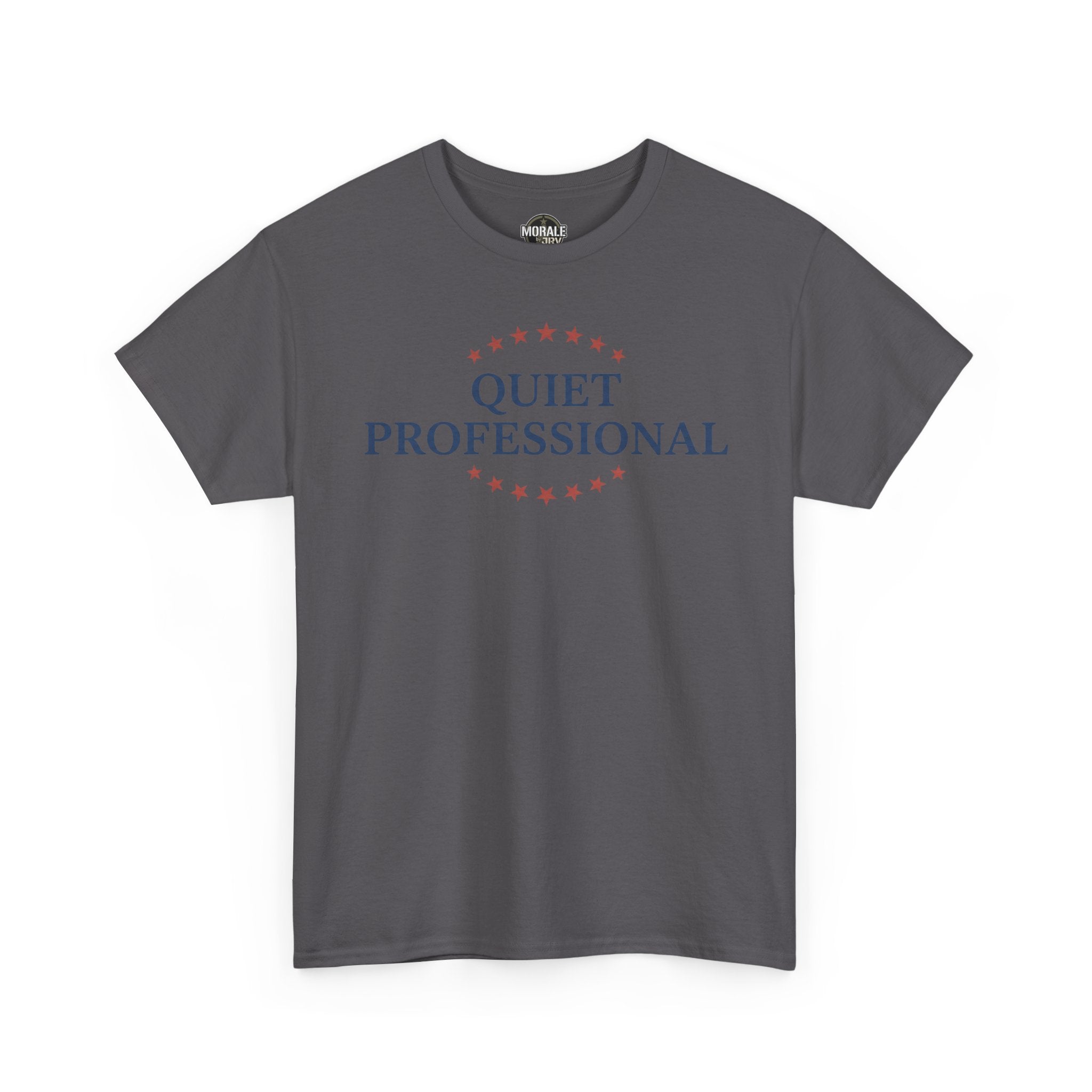 Charcoal crewneck T-shirt with star ring 'QUIET PROFESSIONAL' print